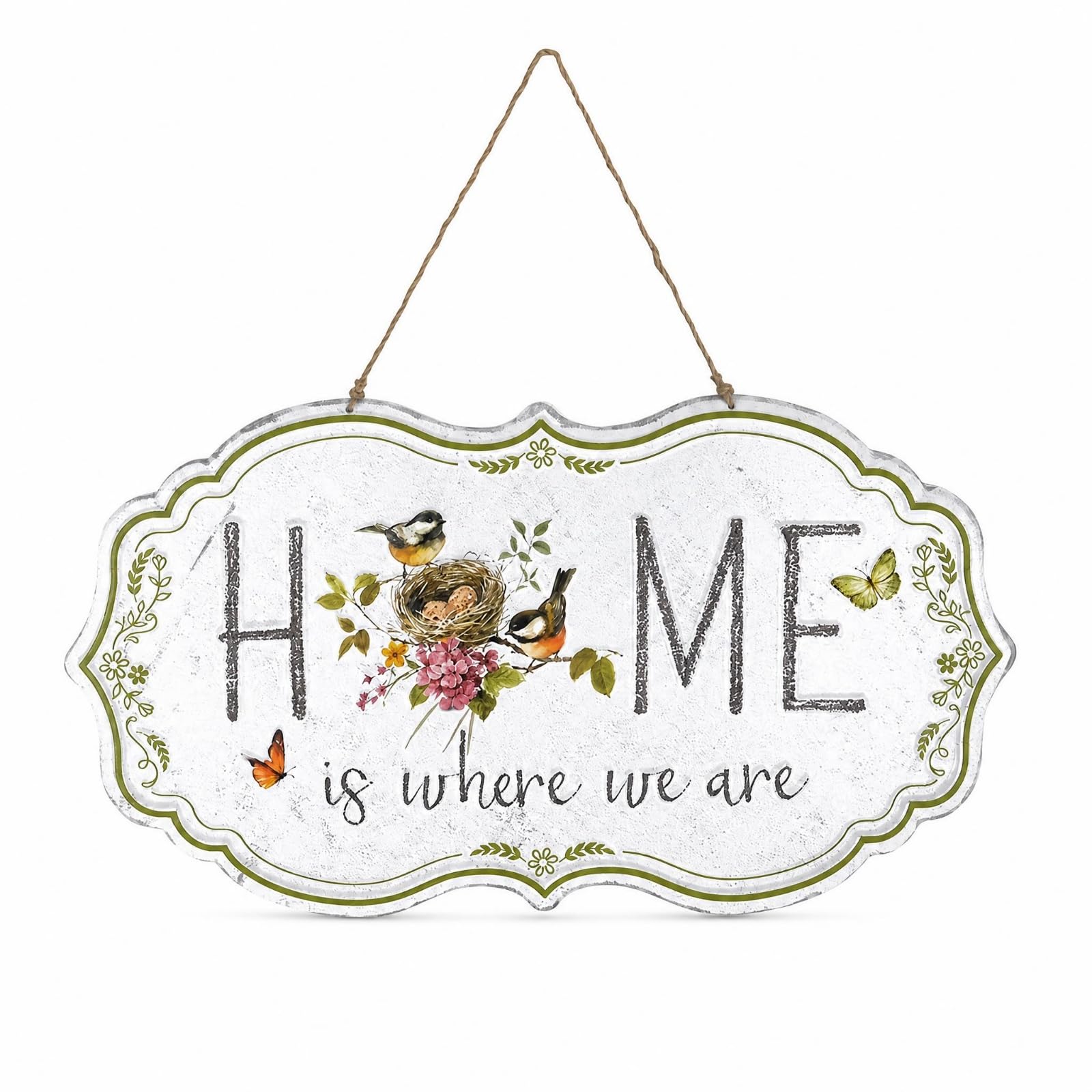 Placa de Pared para Exterior Cartel Decorativo Metálico Placa Colgante Letrero de Hierro con Pájaros y Hojas Diseño Clásico Envejecido con Cuerda, HOME