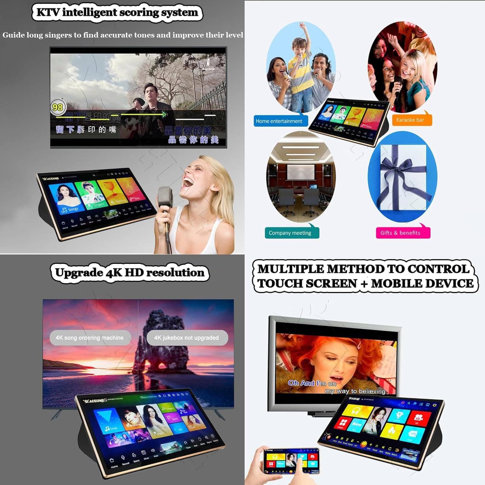Macchina per karaoke da 18,5 pollici, lettore KTV touch screen con microfono wireless, sistemi portatili per karaoke, lettore karaoke tutto in uno,per famiglia/bar/festa,White-500G
