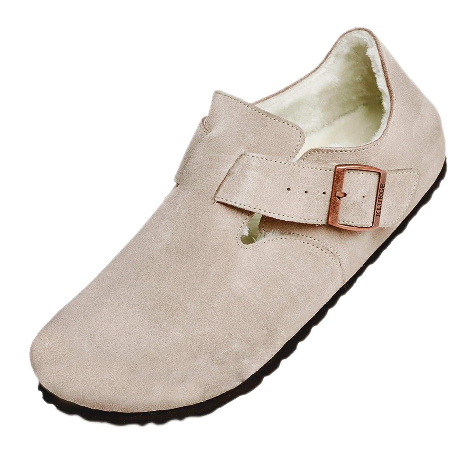 KLUKGE Fuzzy Boston Clogs for Men, Women‘s Suede Soft Leather Clogs with Arch Support and Adjustable Buckle Cork Footbed All Inclusive Non-Slip Single Shoes Unisex