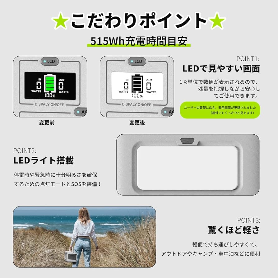 Amazon.co.jp: ポータブル電源 リン酸鉄リチウム 515Wh/160938mAh AC