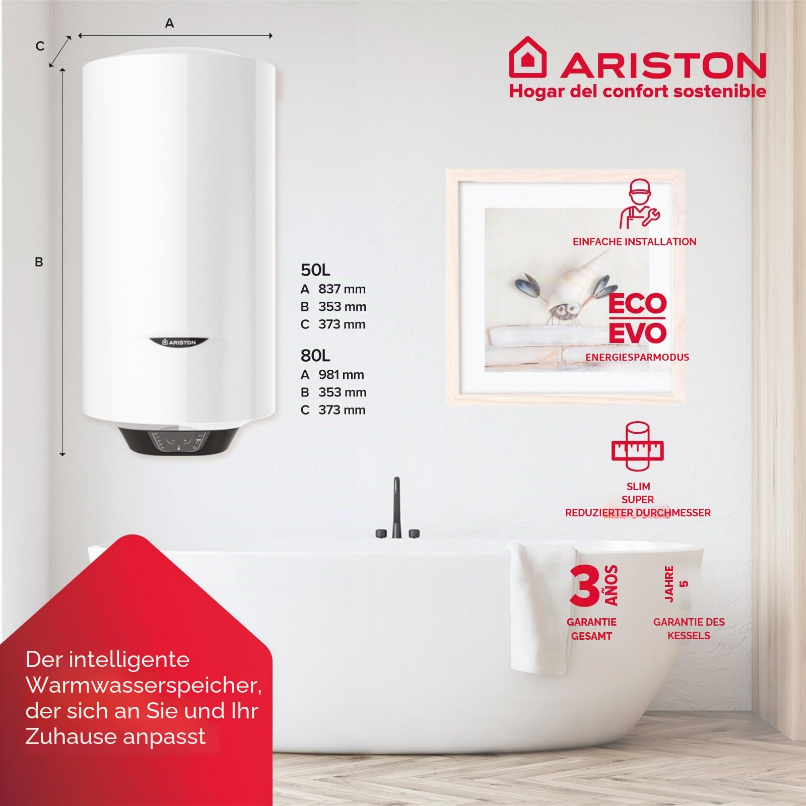 Ariston, Pro1 Eco Slim elektrischer Warmwasserbereiter, vertikal, 65 Liter + ECO und abgeschirmter Widerstand, 37,3 x 35,3 x 98,1 cm, hergestellt für die Installation in Spanien (Energieklasse A)