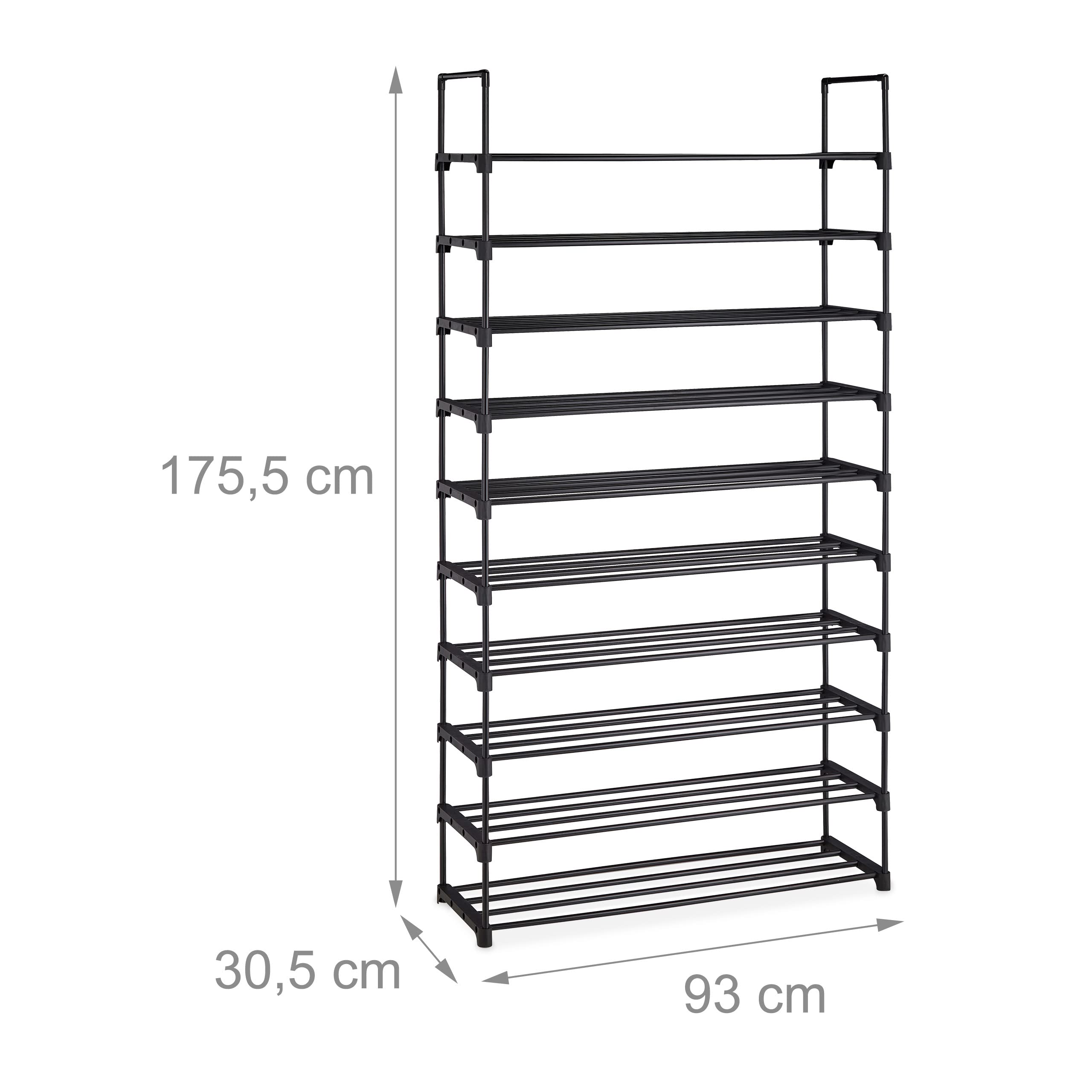 Relaxdays Zapatero Grande Sistema Encaje, 10 Niveles, Modular, 175,5 x 93 x 30,5 cm, Estantería Zapatos Metal, Negro
