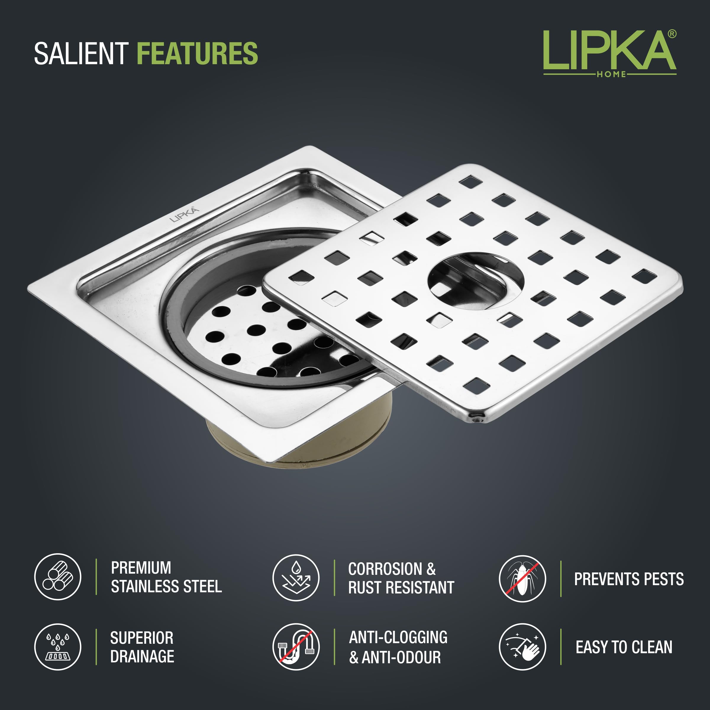 LIPKA 5x5 Inch Square Floor Drain with Hole & Cockroach Trap | 304-Grade Stainless Steel | Heavy Duty Bathroom Drain Cover | PVC Trap | Anti-Odor & Insect-Proof Jali for Kitchen, Shower, Balcony 1