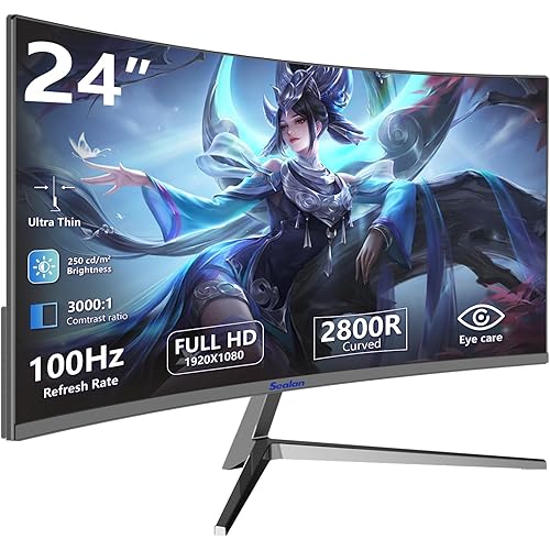24 inch Curved Gaming Computer Monitor FHD 1920x1080p 100Hz Refresh Rate 16:9 Aspect Ratio Free Sync Ergonomic Tilt Home Office Visual Experience for Work Play Support Wallmount (75x75mm)
