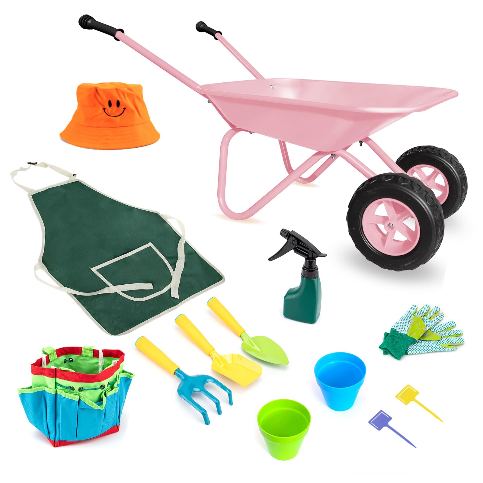 Pink Wheelbarrow for Girl Metal Wheelbarrow Set with 12 PCS Tool(Pink Set)