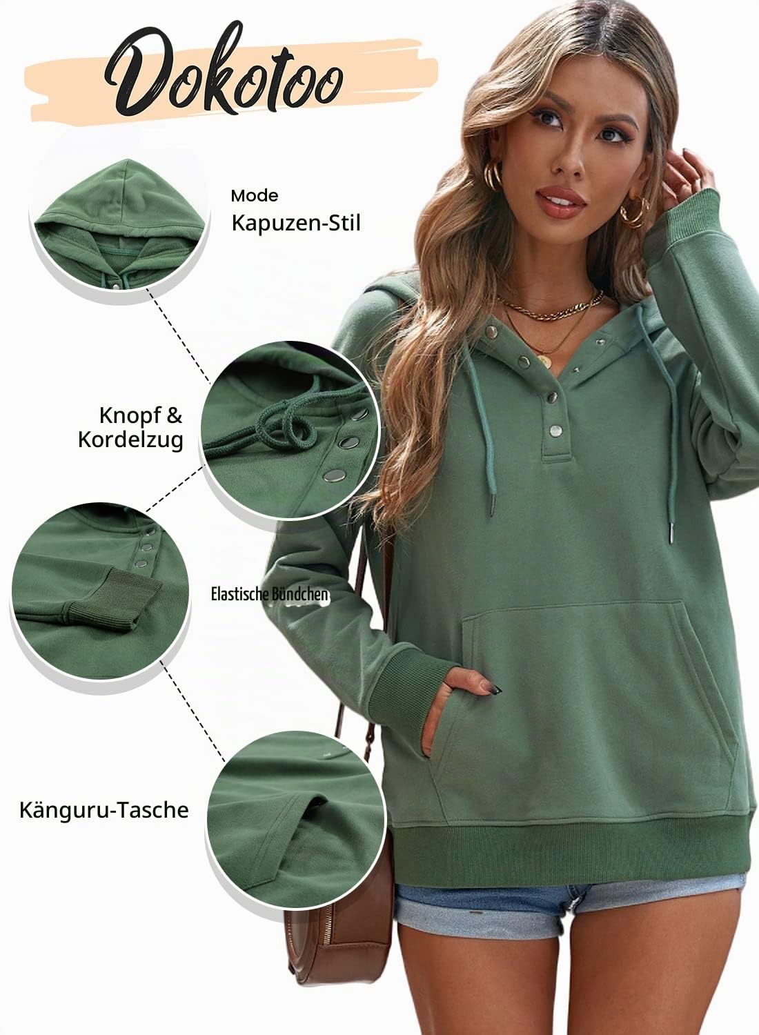 Dokotoo Kapuzenpullover Damen Knopfleiste Hoodie Pullover