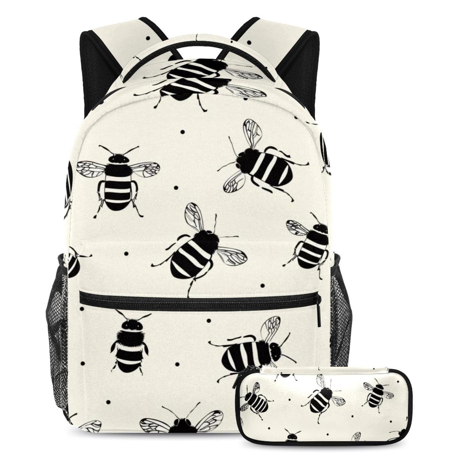 Cartable motif petites abeilles durable avec trousse imperméable assortie