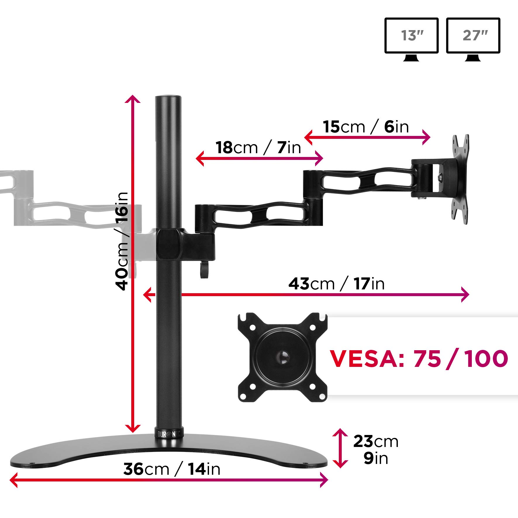 Duronic DM35D2 BK Supporto Doppio Monitor 13-27 Pollici VESA 8kg Nero | Braccio ergonomico, Regolabile altezza inclinazione, Girevole, VESA 75/100, Per ufficio casa scuola