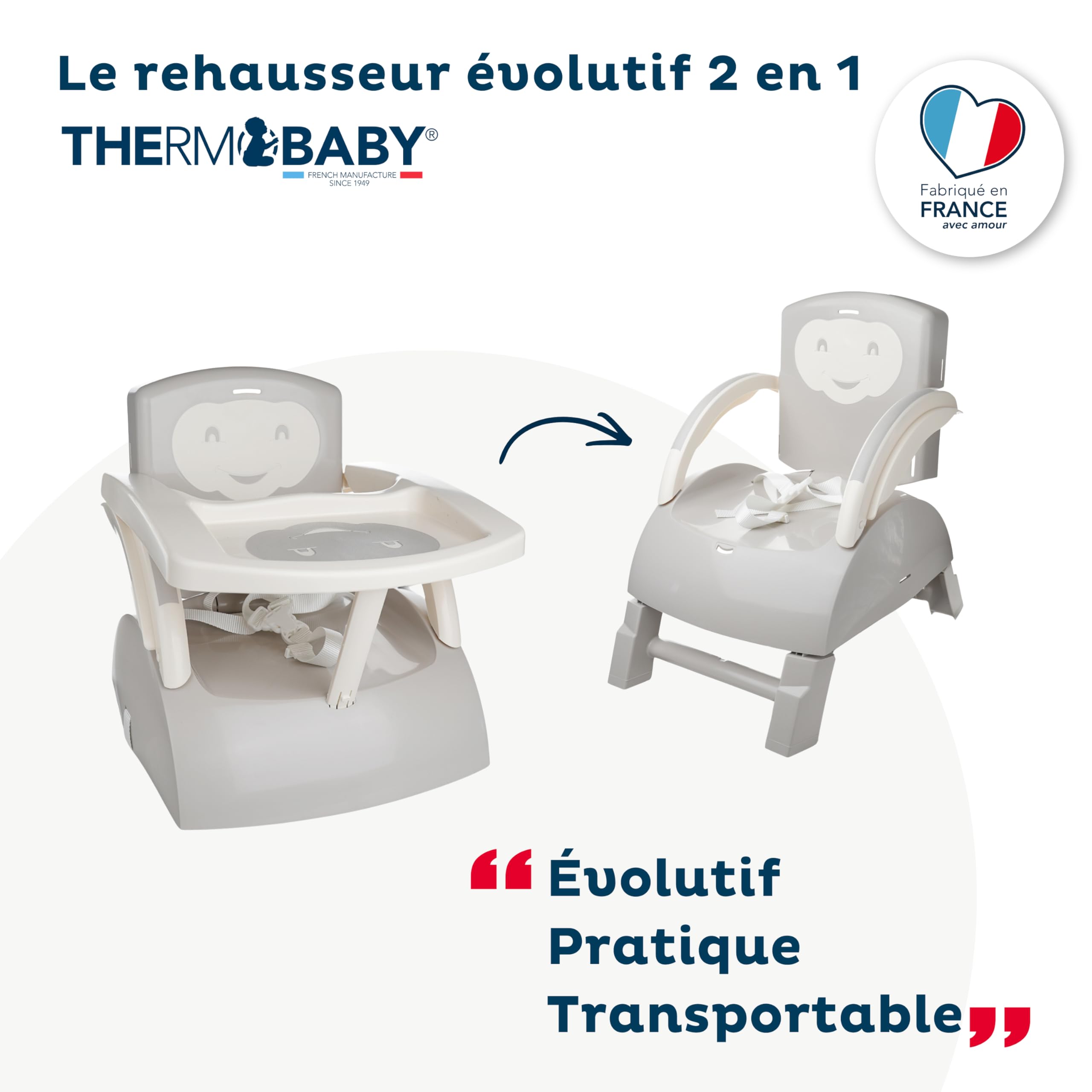 THERMOBABY Rehausseur de Chaise Évolutif 2en1 pour Enfant avec Tablette Amovible, Harnais 3 Points, Gris Velours