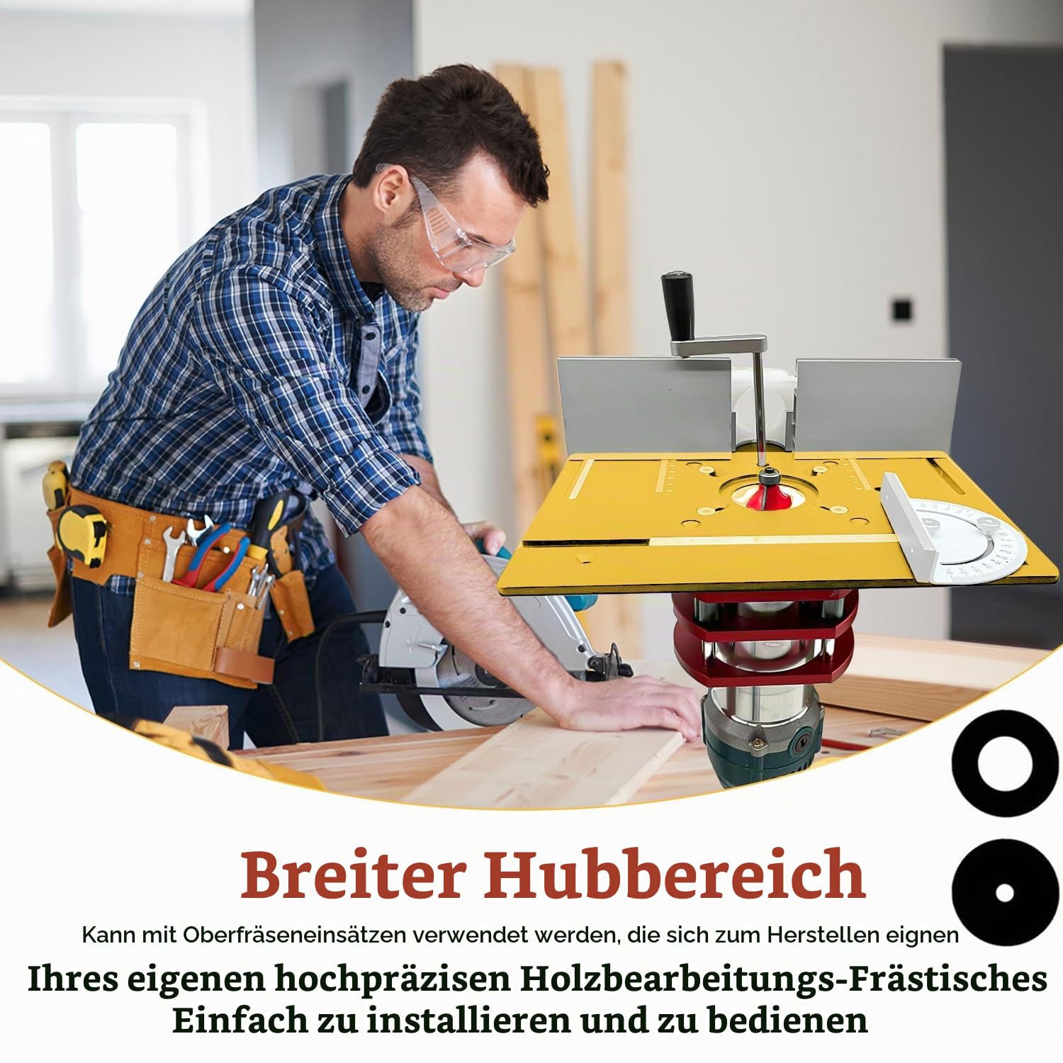 Frästisch für Oberfräse Einlegeplatte Set, OberfräSentisch und Tischfräsmaschine, Router Table, Planfräsvorrichtung, Maximum Lift 51mm, TischfräSe zum Nuten Zapfenschneiden BesäUmen(Gold+Rot)
