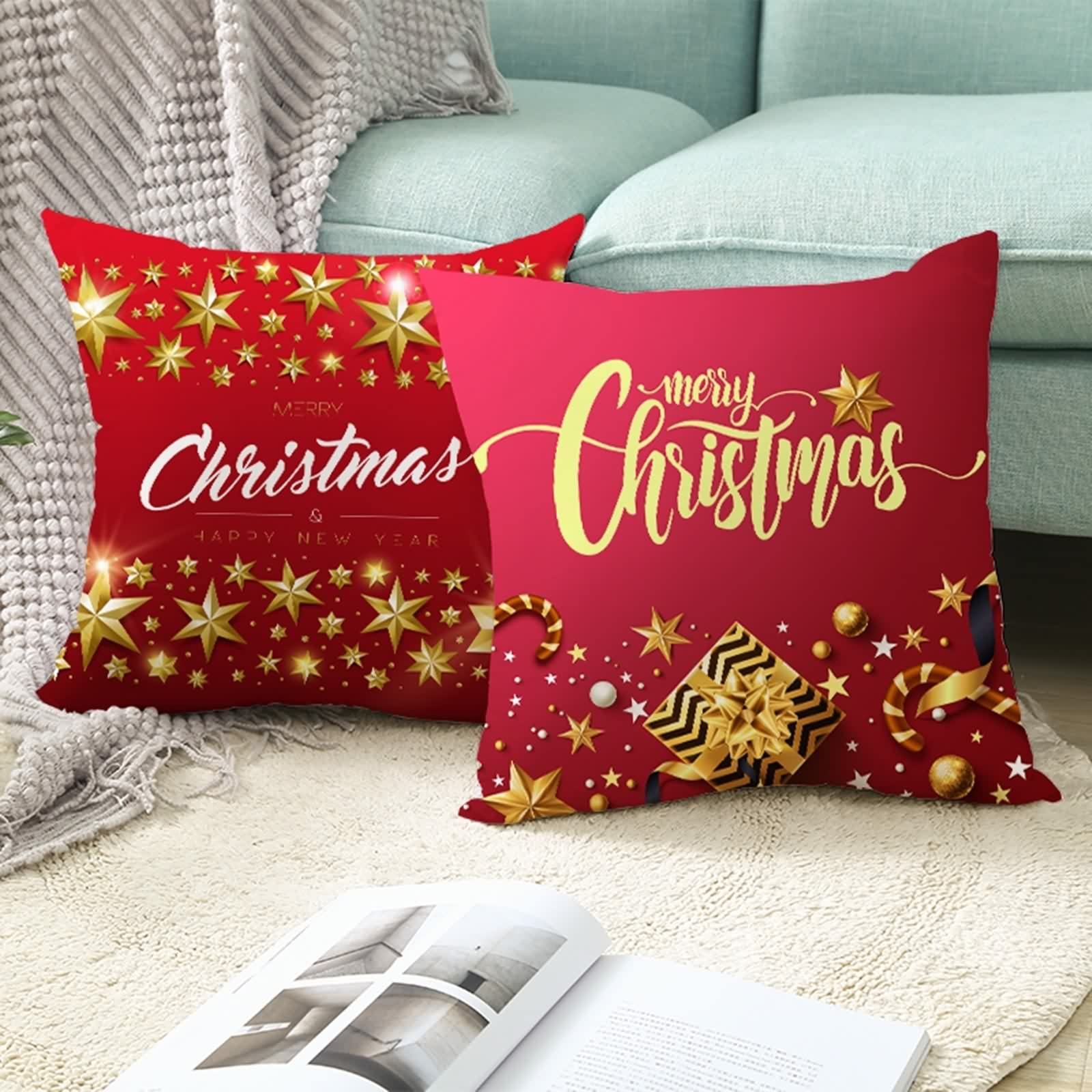 Miaikoe Set di 4 federe per cuscini natalizi, 50 x 50 cm, fiocchi di neve, con alce e scritta Let it Snow, colore rosso, per Natale, vacanze