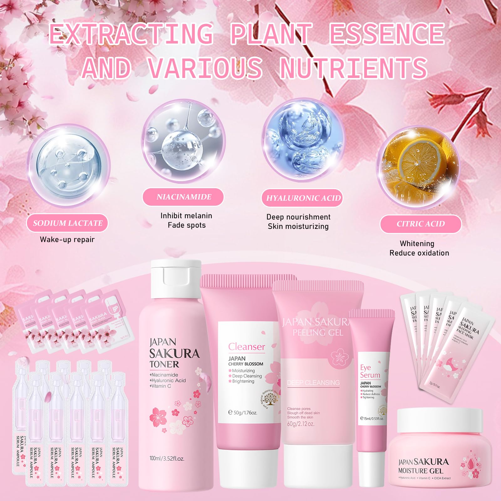 26 Piezas Set de Cuidado Facial Sakura, Sakura Set de Cuidado de la Piel | con Limpiador Facial/Tónico/Esencia/Dispositivo de Limpieza/Mascarilla, Etc.Kits De Cuidado Facial para Niñas y Mujeres