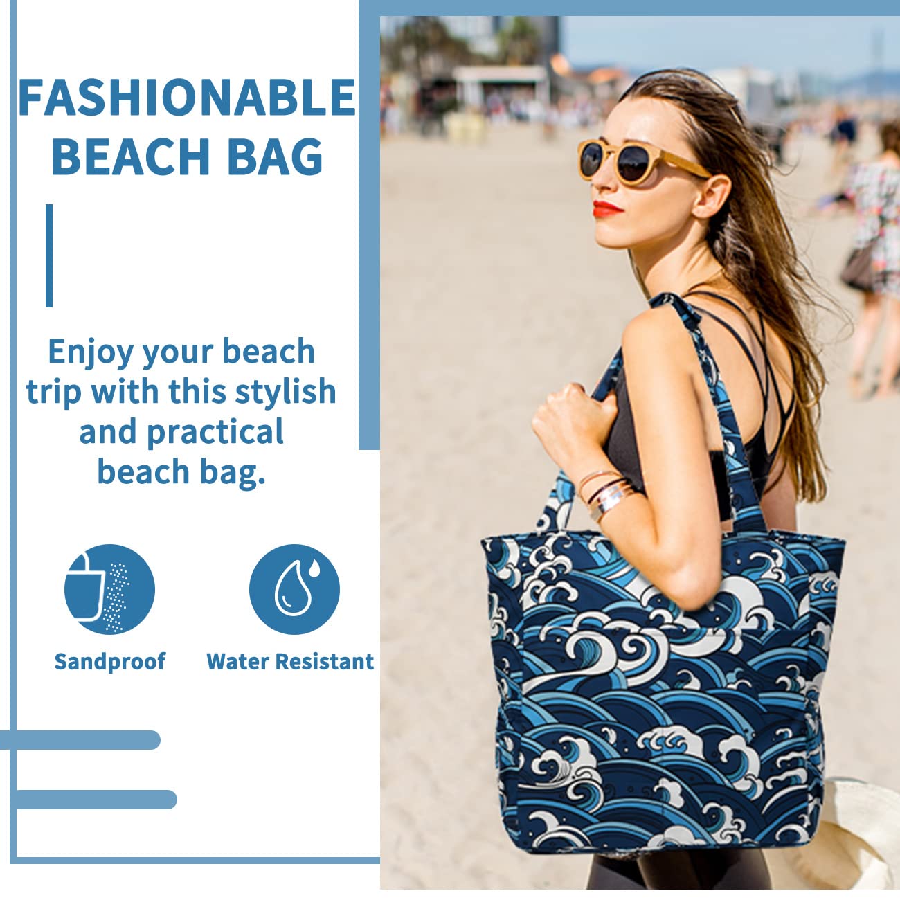 Sac de Plage Femme, 22,7L Poches Multiples Grand Sac Cabas Zippé Femme d'Été Pliable Résistant à l'Eau Sac de Piscine Tote Bag pour Voyage Vacances Achats Vague de Mer