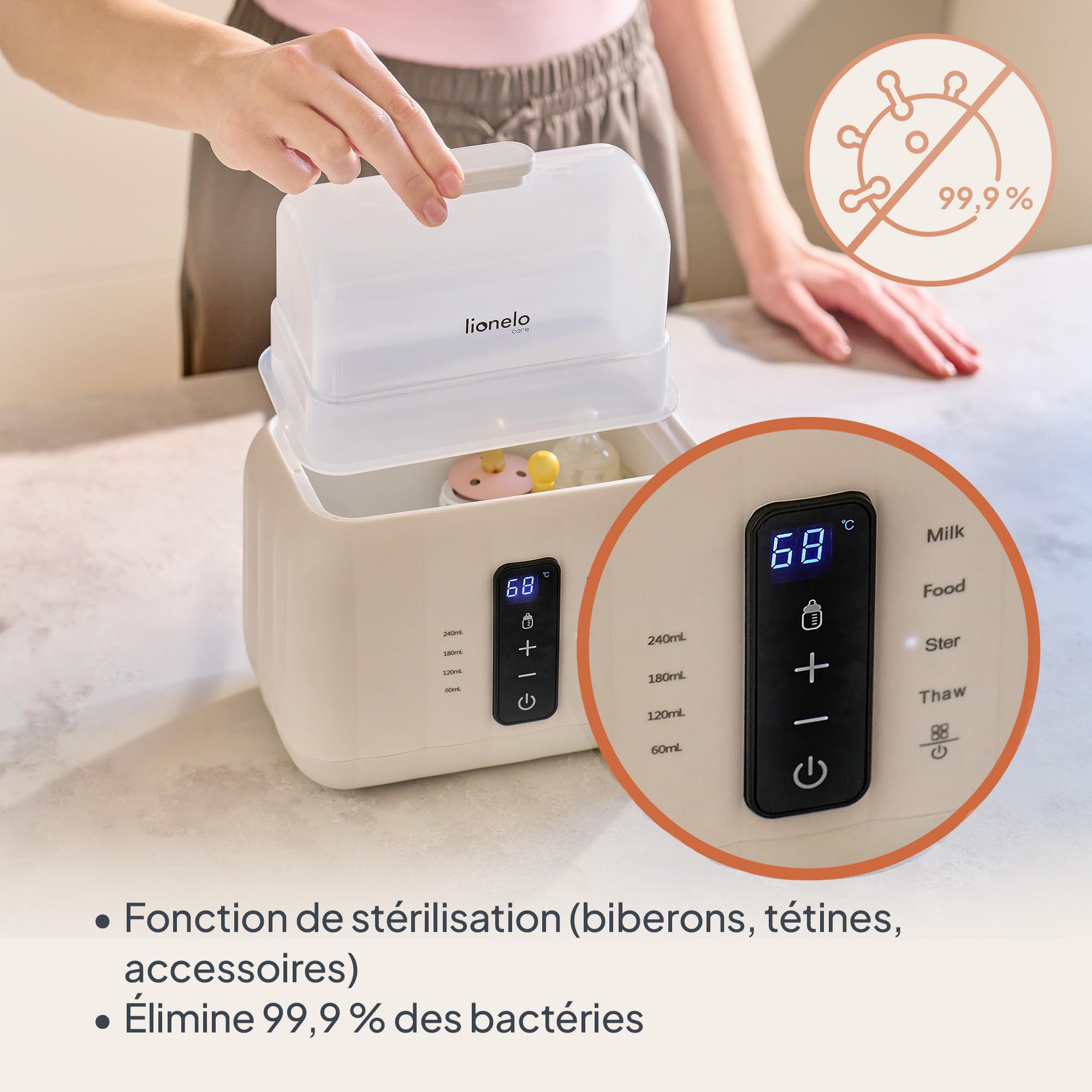Lionelo Thermup Duo Chauffe-Biberon 6 en 1, 2 Biberons Simultanément | Stérilise, décongèle, chauffe lait et petits pots, écran tactile, capteur NTC, arrêt auto, anti-surchauffe, Blanc