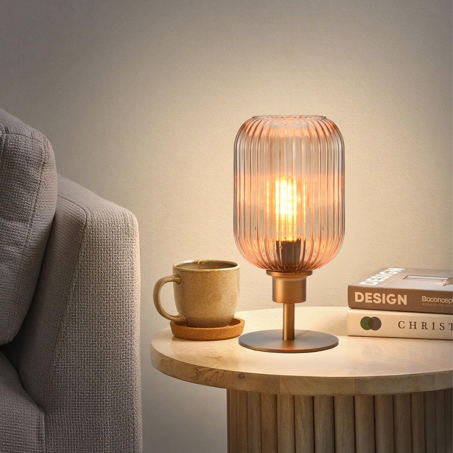 Mid Century Glass Table Lamp,Dimmable Desk Lamp,LED Bulb Included,Timer Build-in,Cognac Amber Ribbed Glass