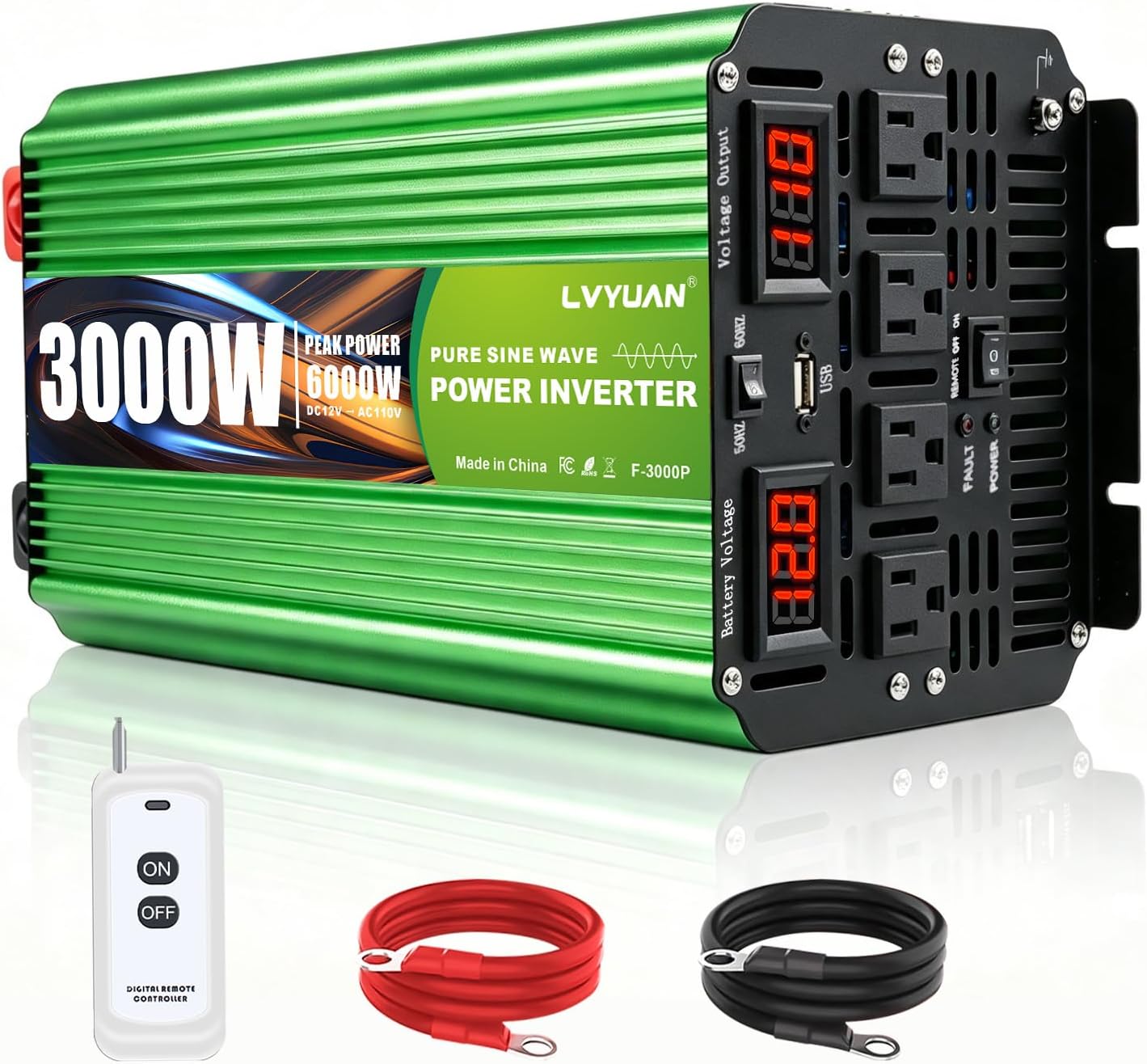 LVYUAN 3000W Heavy Duty Pure Sine Wave Power Inverter 12V DC to 110V/120V
