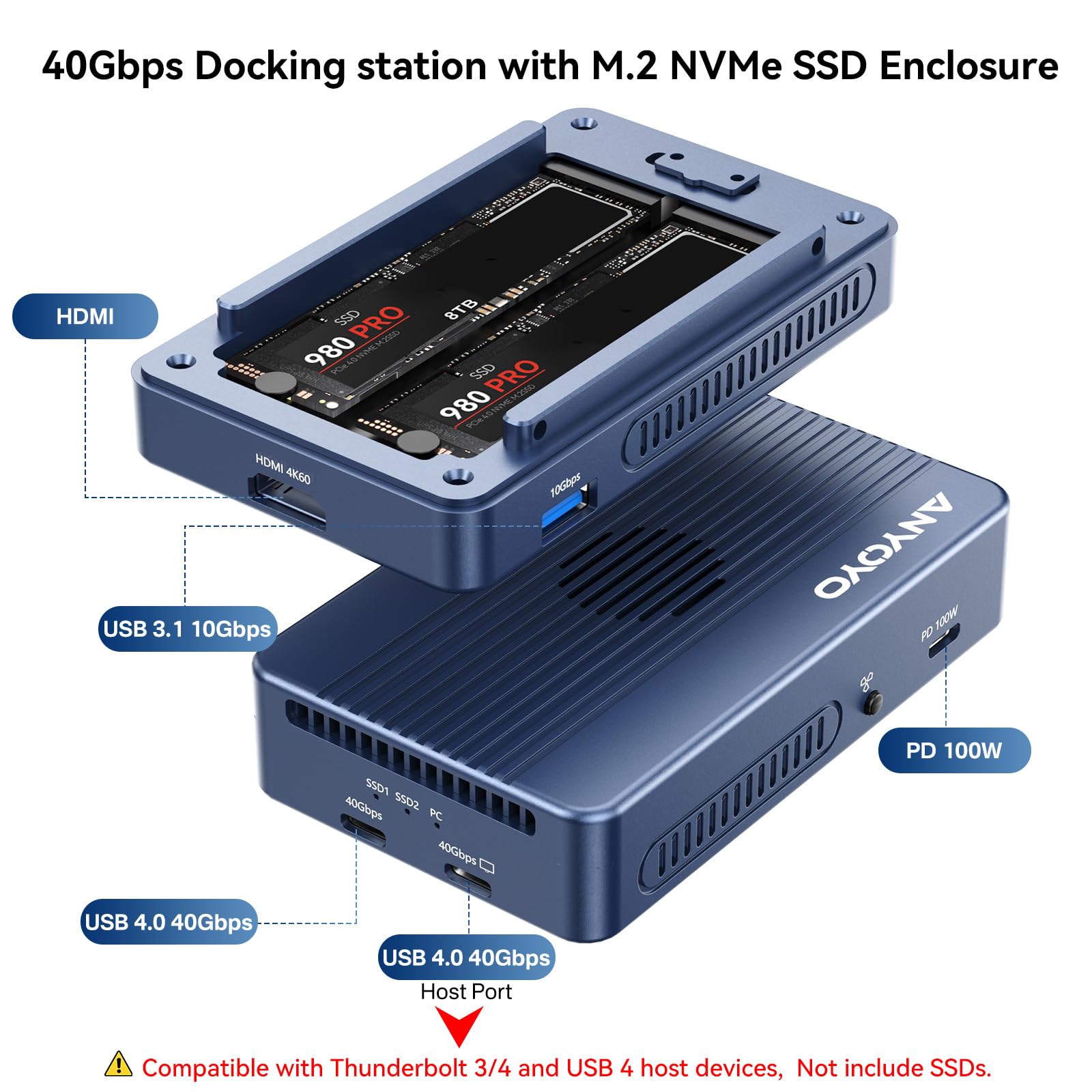 Dual-Bay 40 Gb/s Obudowa do dysku M.2 NVMe SSD z wentylatorem, 2 x USB C 40 Gb/s, kompatybilna z Thunderbolt 4/3, USB 4.0, oprogramowanie RAID do MacBooka/Mac Mini Dock, M1/M2/Windows (TBU405Pro MAX)
