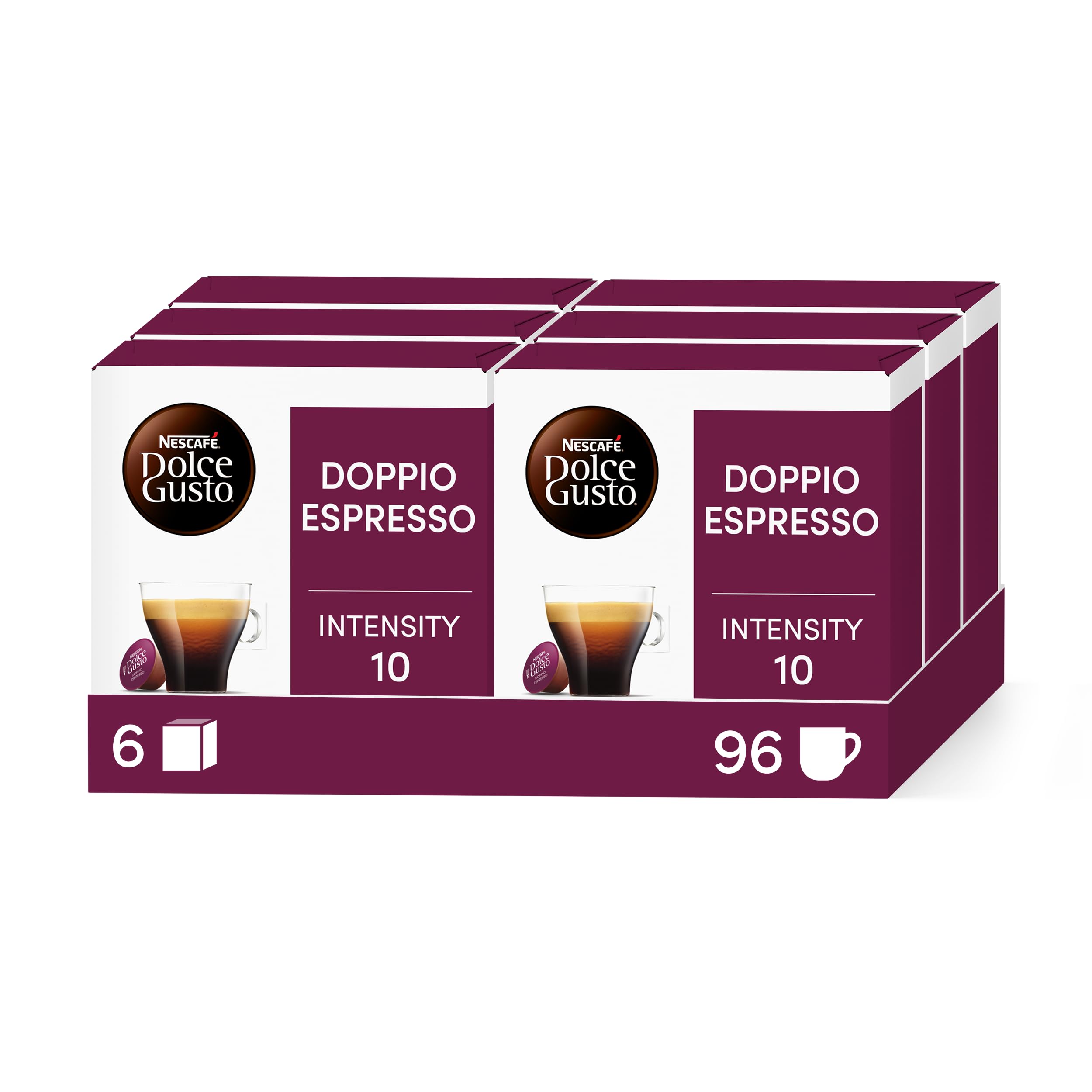 Nescafé Dolce Gusto Double Espresso – Café – 96 cápsulas (juego de 6 cajas). | Café Cápsulas, compatible con todas las máquinas de café DG sin NEO, espresso largo con notas afrutadas