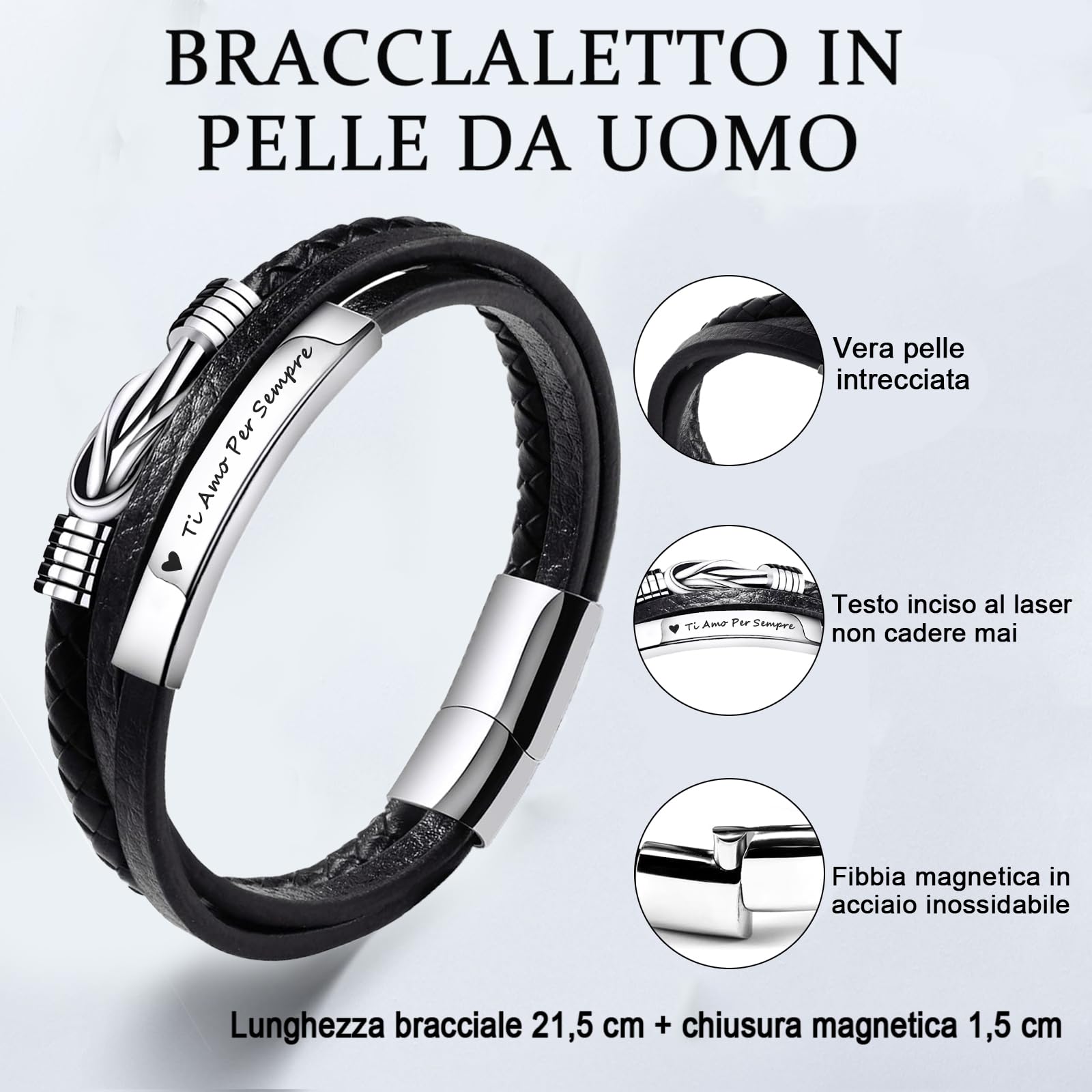 TERRISHE Regalo Uomo Bracciale Uomo Bracciale In Pelle Nera, Regalo per Papà Figlio Mariti Fidanzati, Regalo In Pelle per la Festa del Papà Laurea Compleanno Natale San Valentino