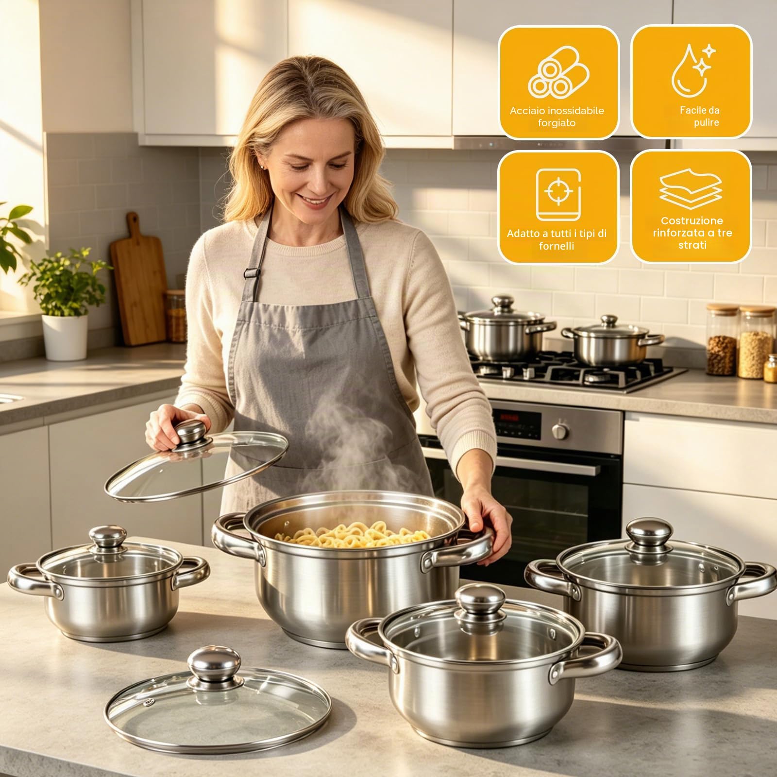 Set 5 Pentole Induzione Acciaio Inox Coperchi Vetro Forno Lavastov | Compatibile Tutti Piani Cottura, Coperchi Vetro Trasparenti, Manici Ergonomici Antiscottatura, Distribuzione Calore Uniforme