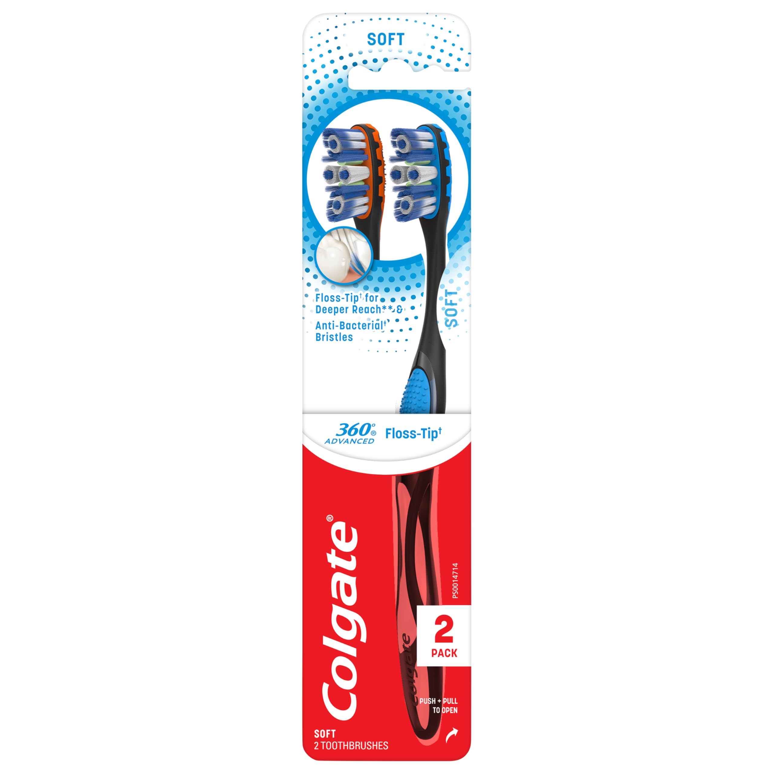 Colgate 360° Advanced Floss-Tip Soft Bristles Toothbrush for Adults, 2 Pack