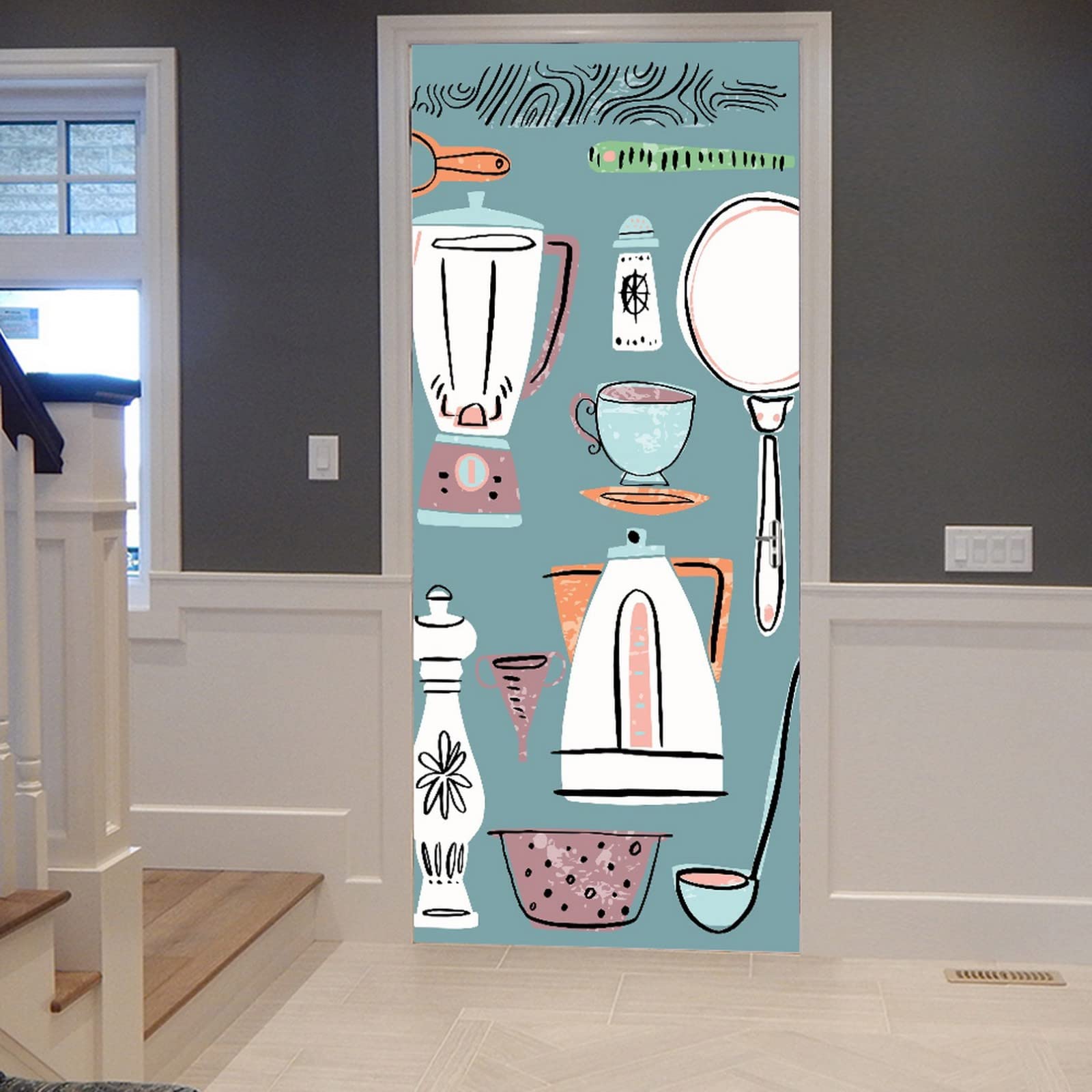 A.Monamour 3D Door Stickers for Interior Doors Set Of Kitchenware And Utensils In Hand Drawn Style Vinyl Removable Self Adhesive Door Poster Wallpaper Mural Decals for Bedroom Office Bathroom 83x204cm