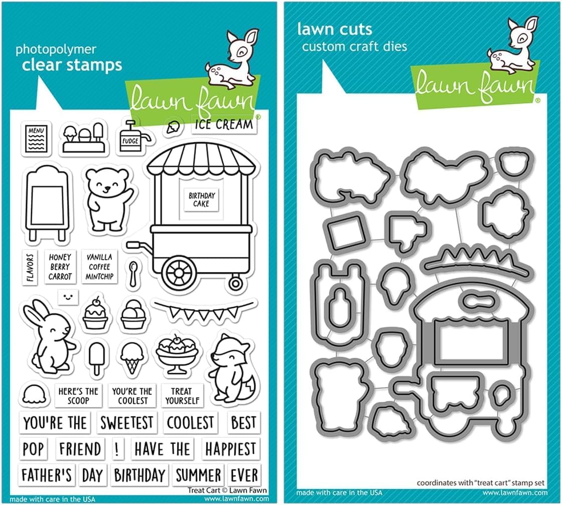 Lawn Fawn Stamp Set Bundle Treat Cart Stamp Set - Photopolymer Clear Stamps with Coordinating Custom Craft Die Cuts - with Trebbies Detail Sticks