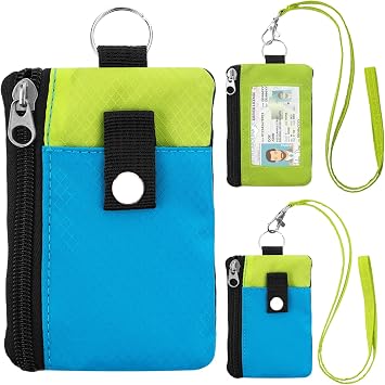 Minimalist Small Wallet for Men Women with 2 Zip Pockets, Multi Functional ID Case with Keychain and Card Holder, Coin Purse Badge Lanyard Pouch for Boys Girls Travel -Blue+YellowGreen