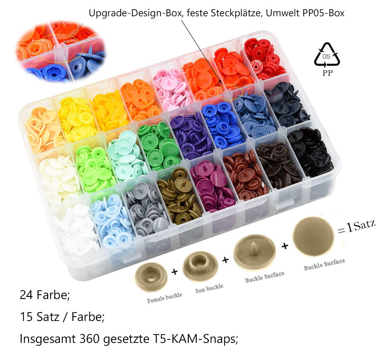 KAM Set Da 360 Bottoni Automatici T5 (20 Line) – 24 Colori Con Scatola Porta Oggetti - 4