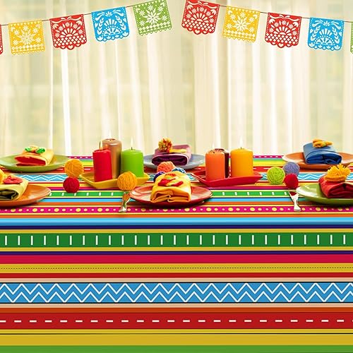 Miniatura 6 de 2 manteles de 54 x 108 pulgadas, diseño de rayas coloridas de noche de tacos mexicanos, mantel rectangular desechable de plástico para fiesta,