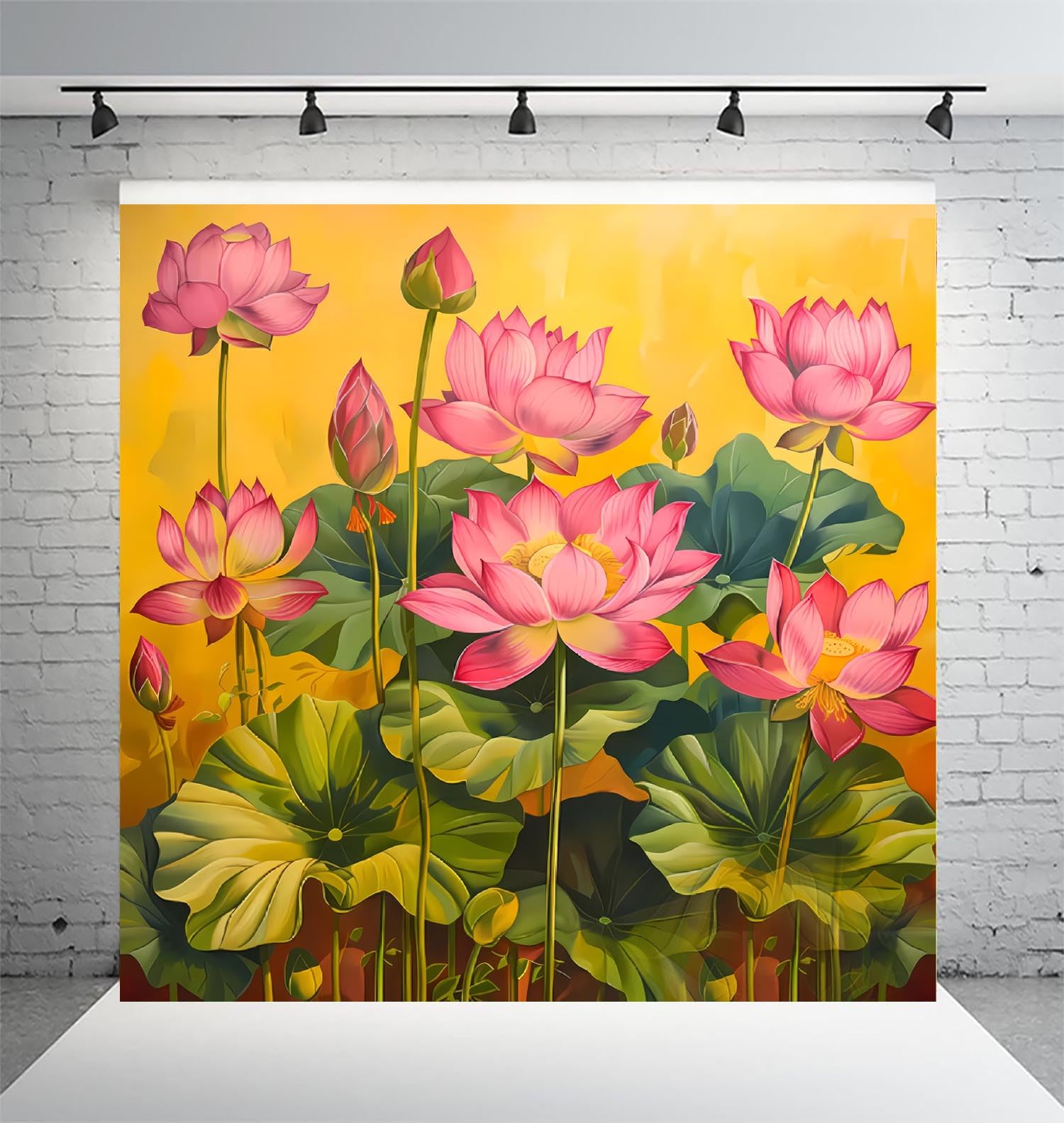 UL Golden Lotus Bloom Pooja Backdrop Cloth 8x8 ft – HD Printed Polyester Mandap Decoration Background with Curtain Rod Loop | Washable Festival & Temple Pooja Decoration Cloth-image-33