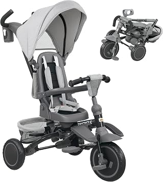 Qaba Kids Tricycle 6 in 1 Foldable Adjustable Push Handle 1-5 Years Gray