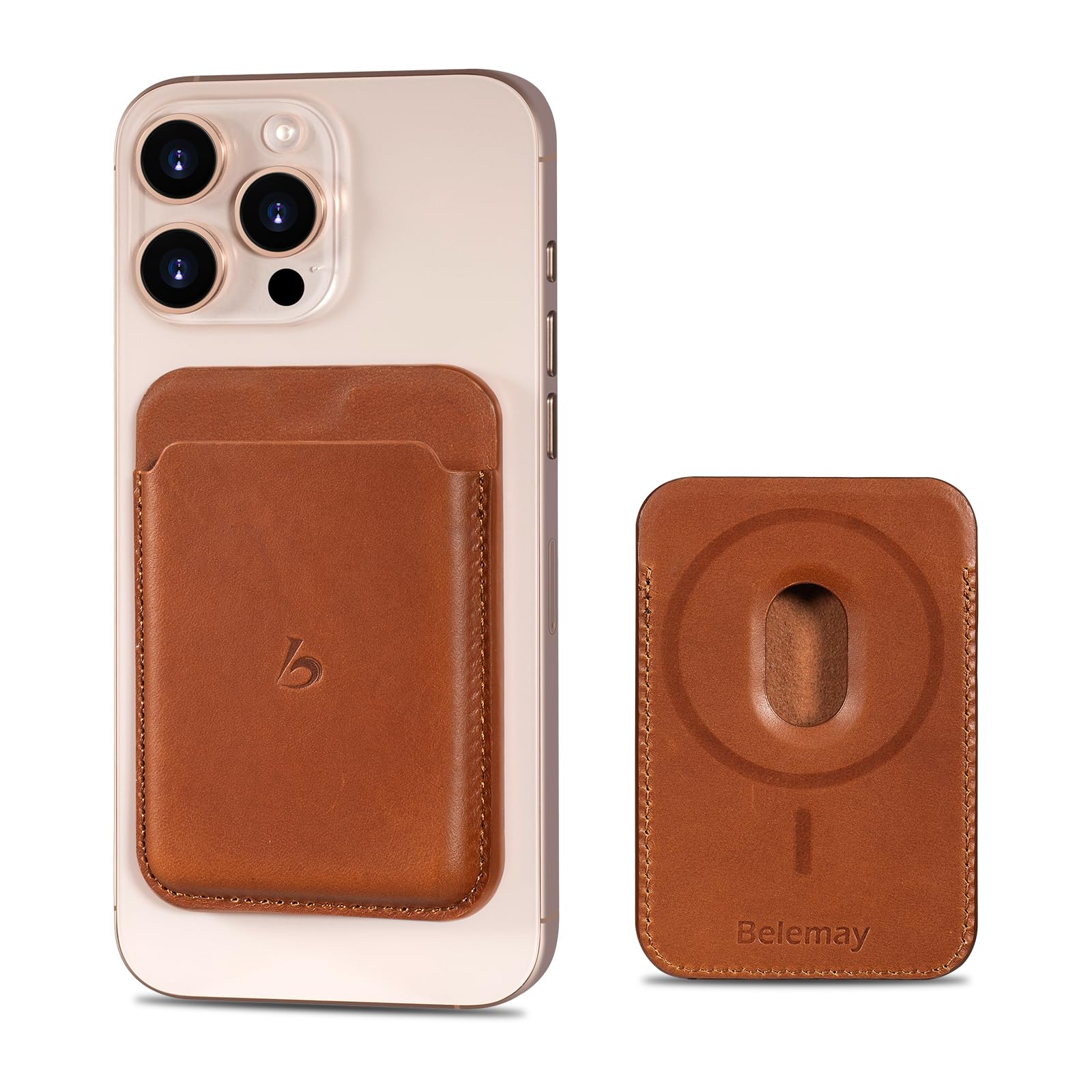 Belemay Strong Magnetic Wallet Compatible with Magsafe Luxury Minimal Card Holder for 1-2 Cards Premium Full-grain Smooth Leather