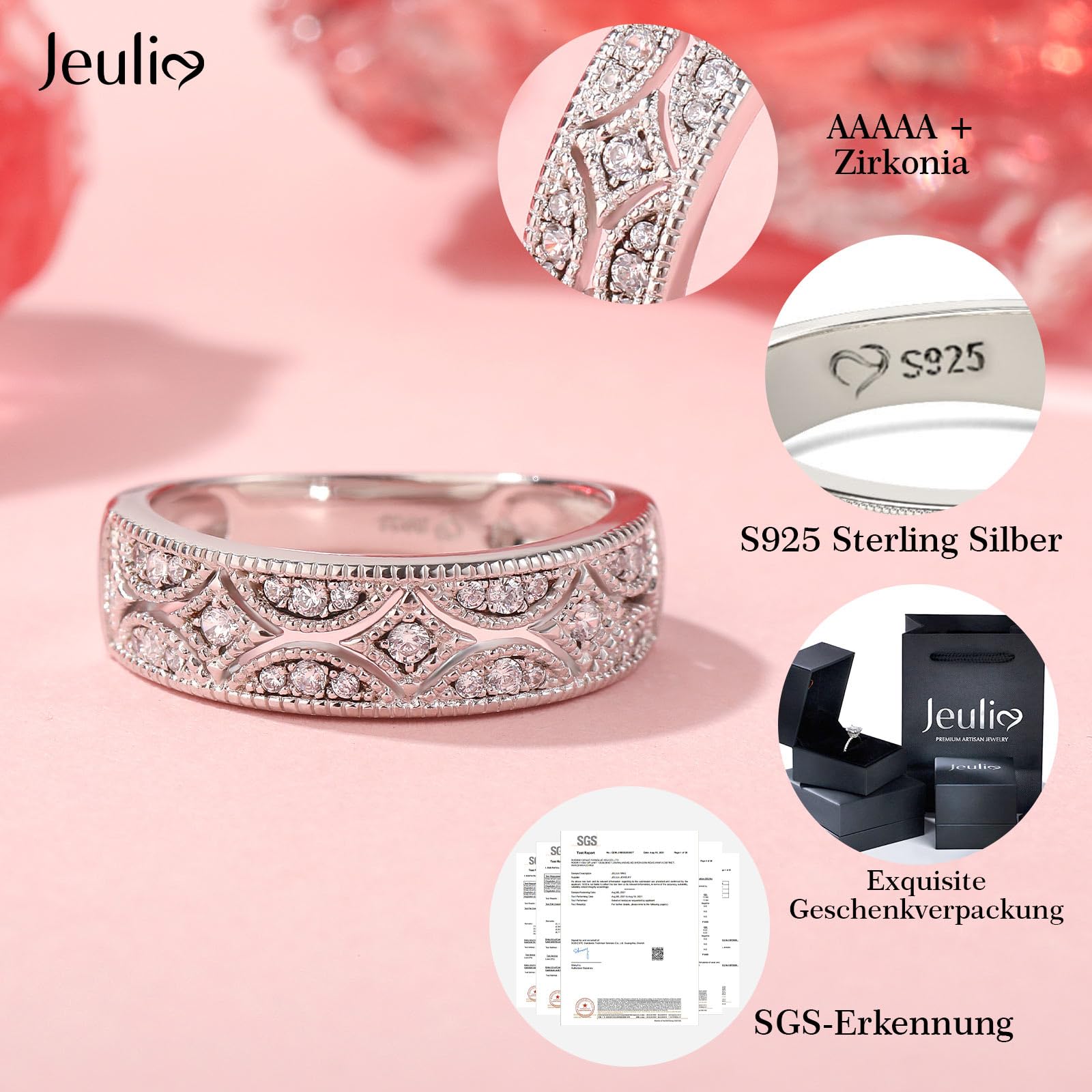 Jeulia 925 Sterling Silber Ringe Milgrain Rundschliff Damen Band Jubiläum Versprechen Ringe mit Schmuckschatulle für Sie Frauen Mädchen