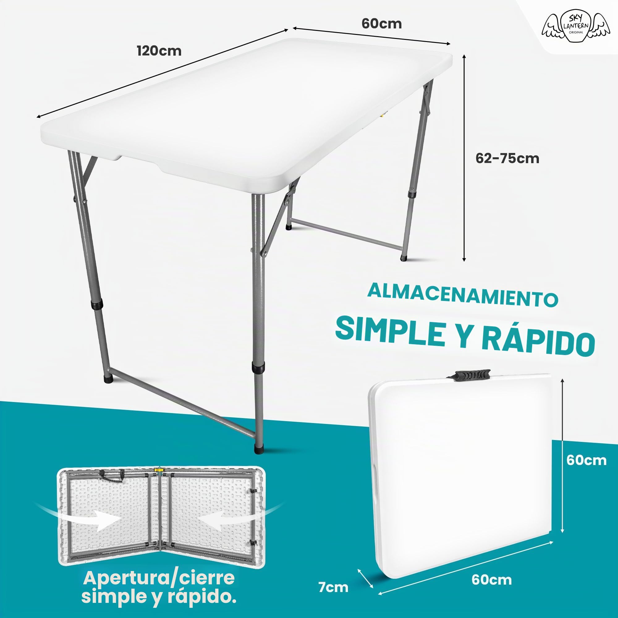 SKYLANTERN - Mesa Plegable Mesilla Tablero (120 cm, rectangular, color blanco, altura ajustable, 6 personas, 120 x 60 x 74 cm, de HDPE de alta densidad, grosor 3,5 cm)