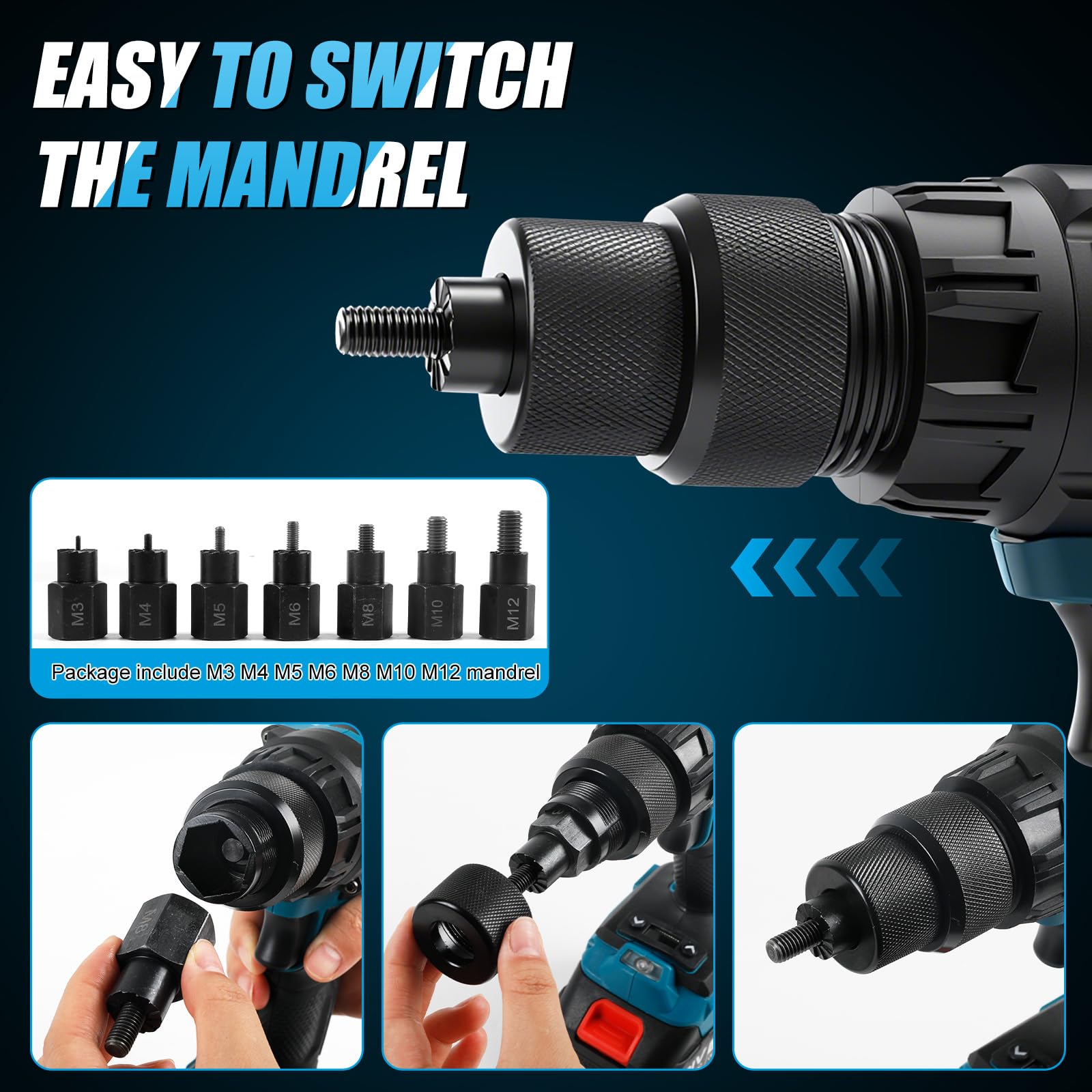 2-in-1 Akku Nietzange Set für Makita 18V LiIon,Bürstenloser Motor für Nieten M3/M4/M5/M6/M8/M10/M12,Elektrische Nietwerkzeug für Baustellen, Autoreparaturen & Heimwerker (Ohne Akku)