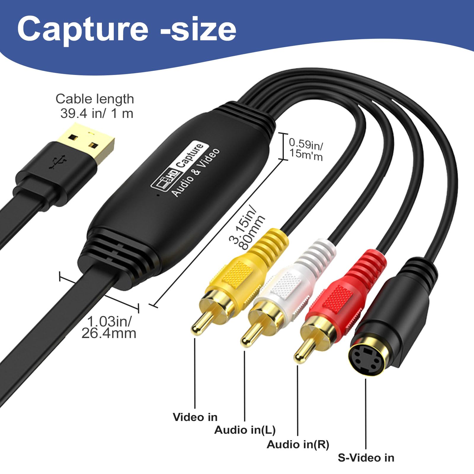 Convertidor VHS a digital 1080P, dispositivo de tarjeta de captura de video USB, RCA a USB, convertidor de VHS a digital, convertidor de video para VHS VCR Hi8 Mini DV a digital, para reproductor de