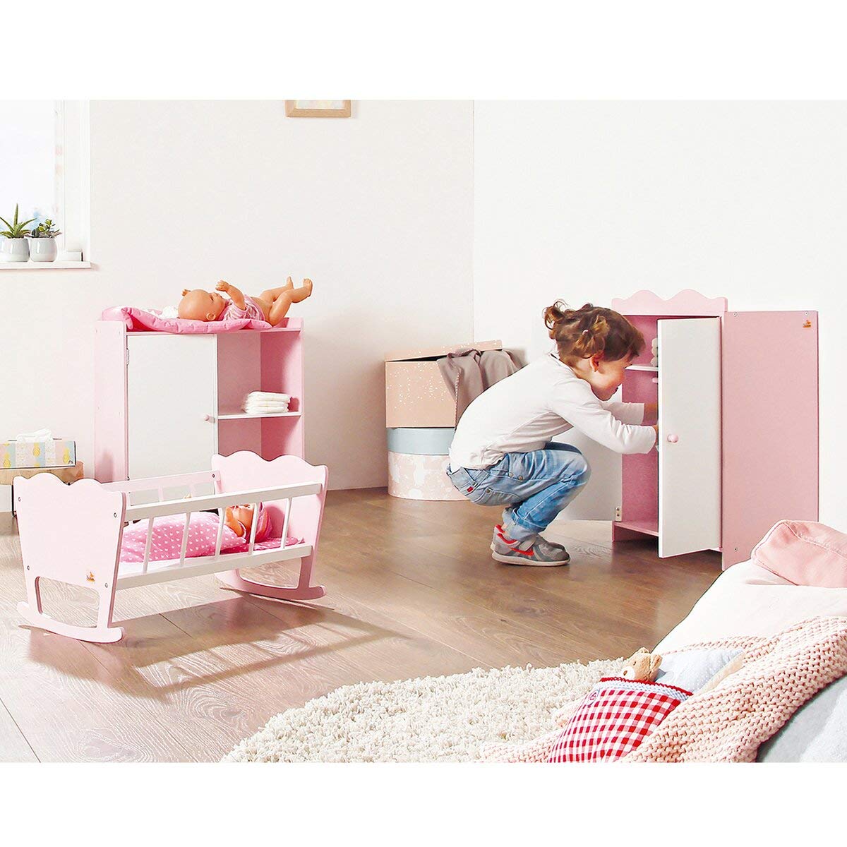 PINOLINO Doll’s Cradle 'Jasmin', 4 Parts, drewniane zabawki-lalki, New Pink, klasyczny