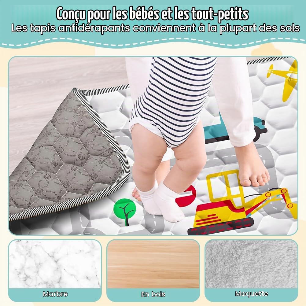 Aolso Tapis D'éveil Bébé, 150x200cm Tapis de Jeu pour Enfant Bebe, Tapis de Sol, Antidérapant Tapis Rampant Bébé, Tapis de Bébé Pliable, Coton Tapis Eveil Enfants(Voiture routière)