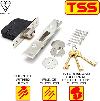 TSS High Security 5 Lever British Standard Mortice Deadlock with 3 Keys and Fixings, 2.5 (68mm) Polished Chrome, Insurance Approved for External Doors, British Standard BS3621:2007