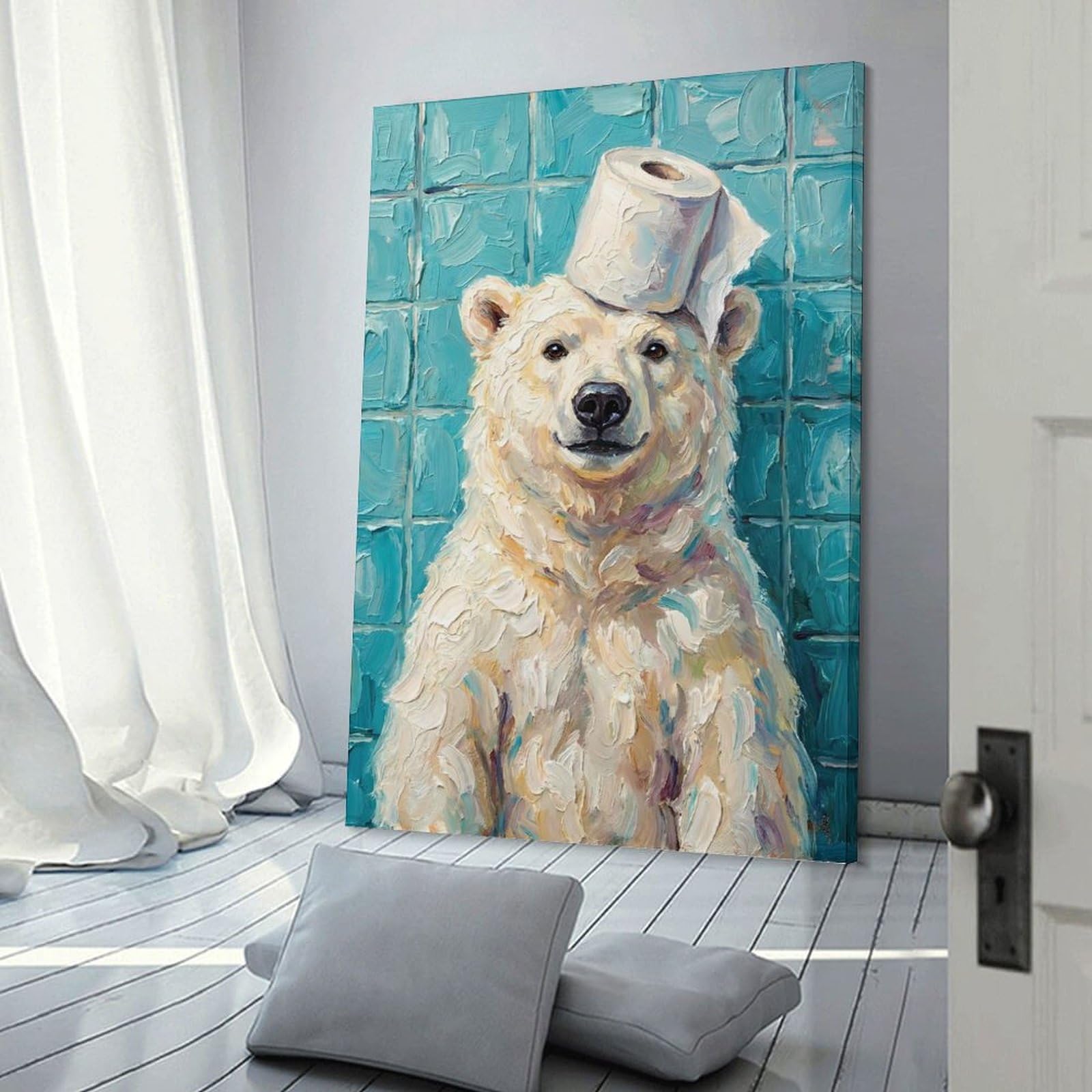 Junmoney Frame-Style-10 Polar Bear With Toilet Paper Hat Home Decor Wall Art 20X30inch(50X75cm), For Bedroom, Guest Room Or Reading Nook, Decorative Wall Art For Cosy Rooms