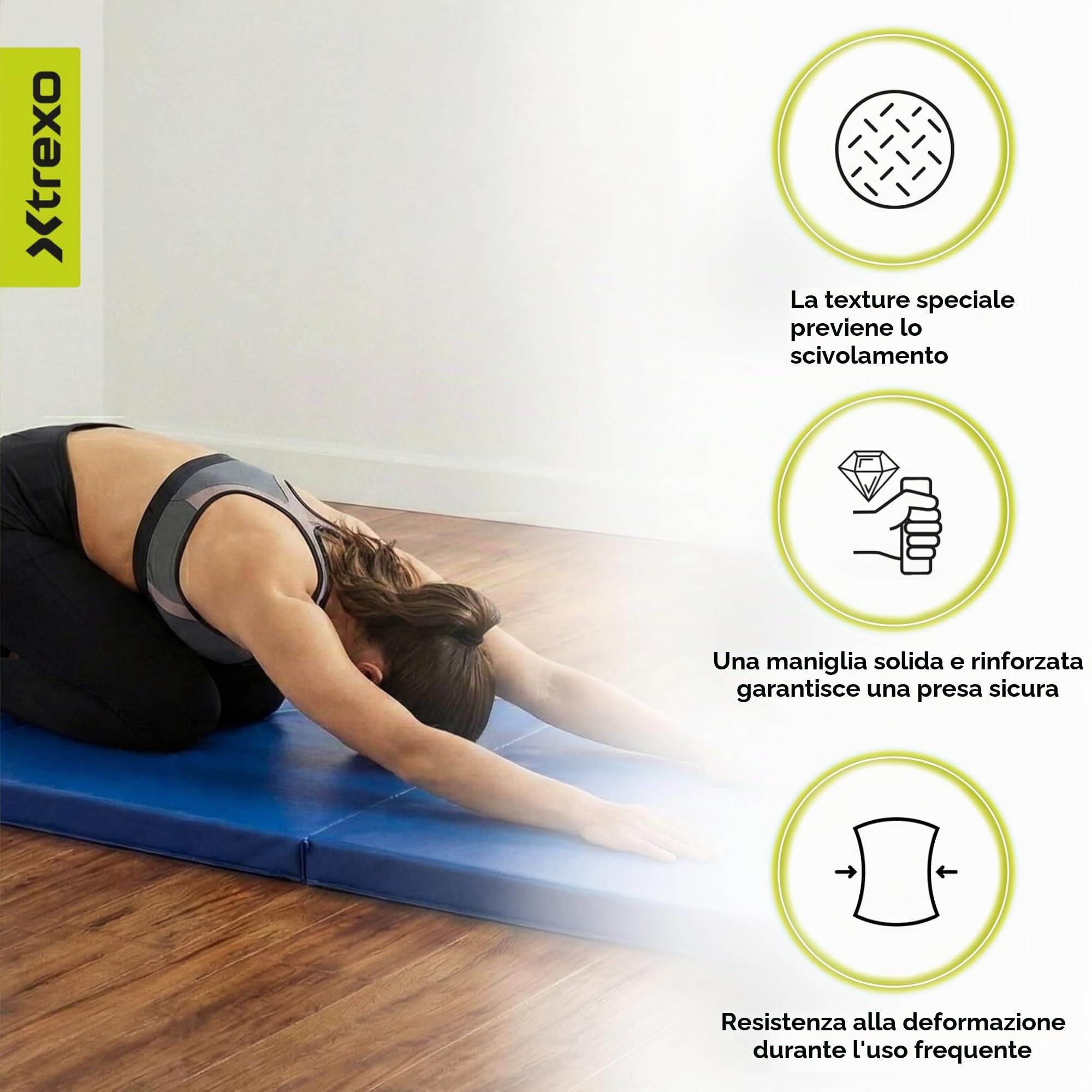 XTREXO Materasso da ginnastica pieghevole, 180 x 60 x 5 cm, 3 pezzi, rivestimento in pelle ecologica resistente all'abrasione, schiuma di polietilene flessibile, maniglia per il trasporto, facile da