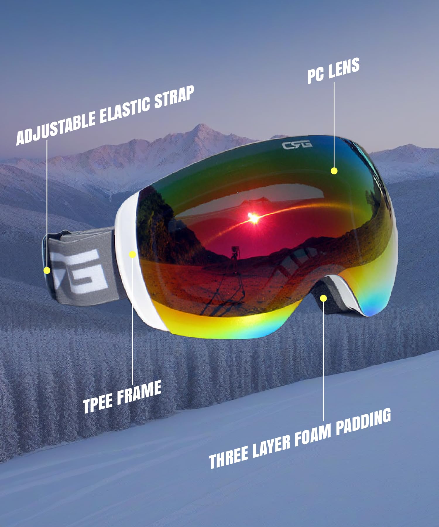 CRG Sports Gogle narciarskie - bezramowe gogle śnieżne dla mężczyzn i kobiet - 100% ochrona przed promieniowaniem UV T815S-159 (REVO Red)