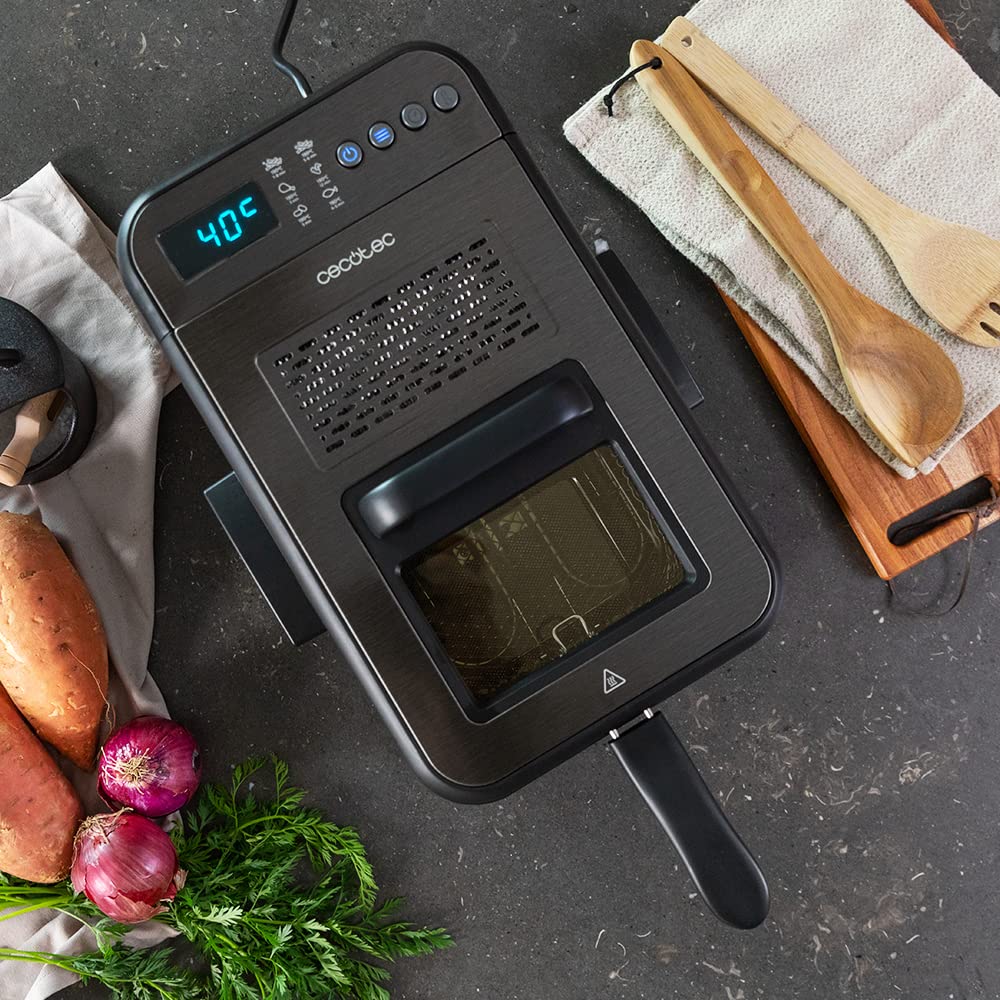 Cecotec Friteuse numérique Cleanfry Luxury 3000 Black. Design élégant en acier inoxydable et laquée noir avec 3,2 L de capacité et 5 programmes préétablis. (3,2 L, Dark)