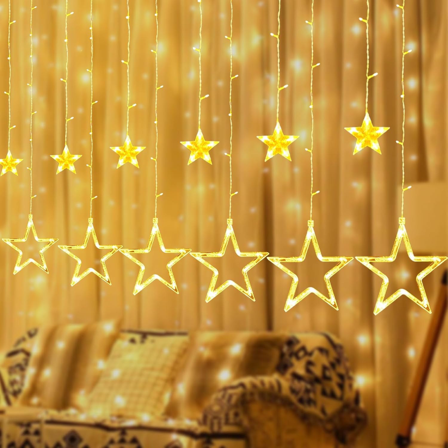 Qoosea LED Estrellas Cortina de Luces, 126 LED 4M 12 Estrellas Cortina de Luz de Navidad Impermeable Luces de Hadas, Cortina Cadena Luces para Boda Fiesta Navidad Interior Decorativas, Blanco Cálido