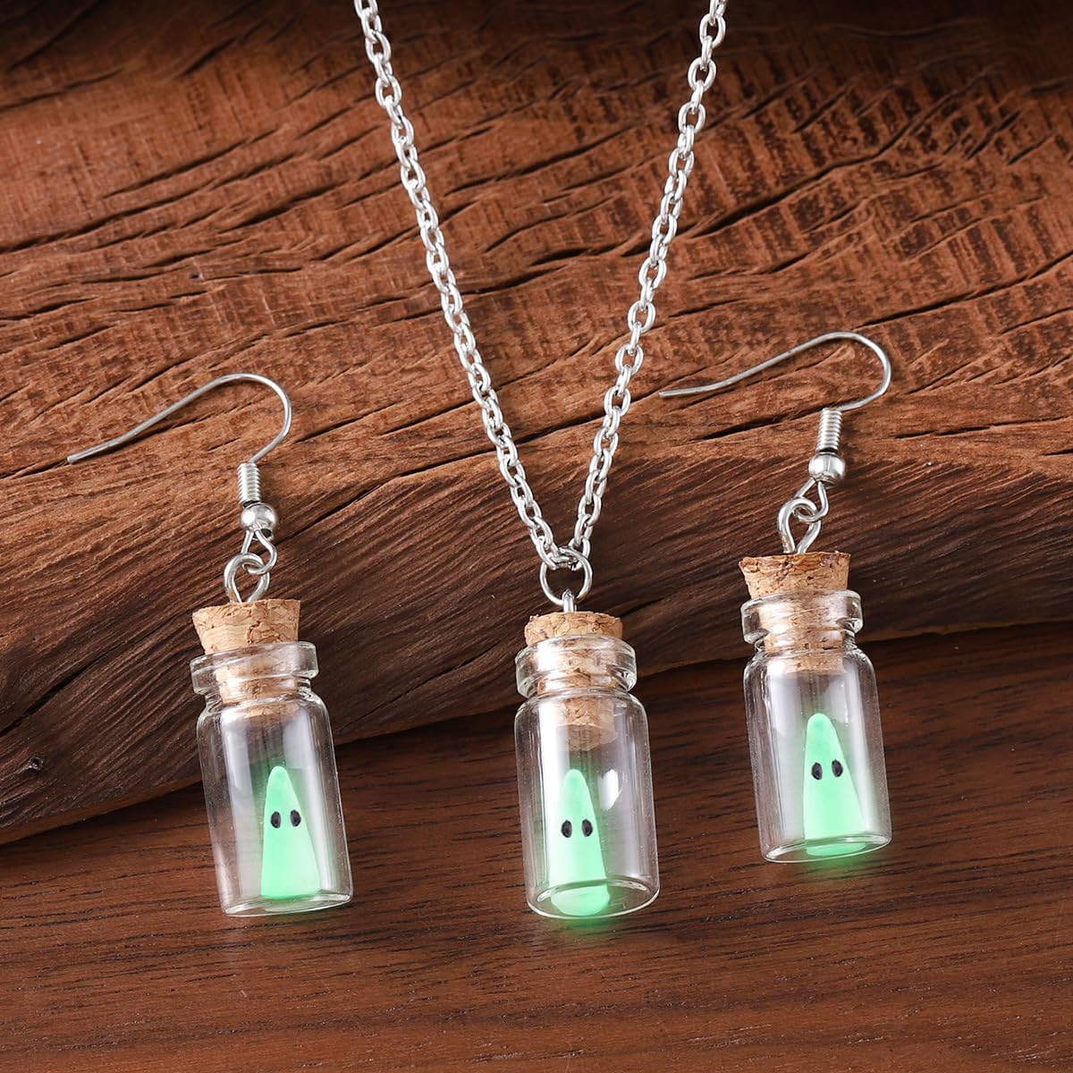 MALOYANVE Ghost Earrings and Necklace for Women and Men Adopt A Ghost In Vial Bottle Earrings Necklace Glow In Dark Cute and Spooky Halloween Jewelry Set Fun Gifts - Image 3