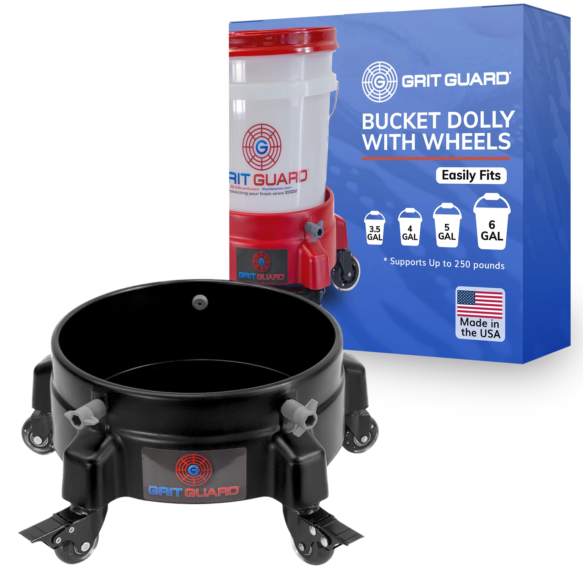 GRIT GUARD Bucket Dolly with Wheels - Rolling Detailing Wash Bucket with 5 Wheels and 2 Locking Casters Compatible with 2.5, 4, 5 and 6 Gallon Buckets
