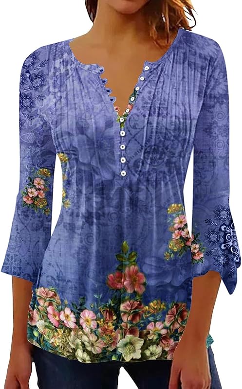 T-Shirt Manches Cloche pour Femmes, col en V, plissé, Couleur Unie, Boutons, Printemps et été Haut De Chemise Tee Shirt Femmes Manches Longues