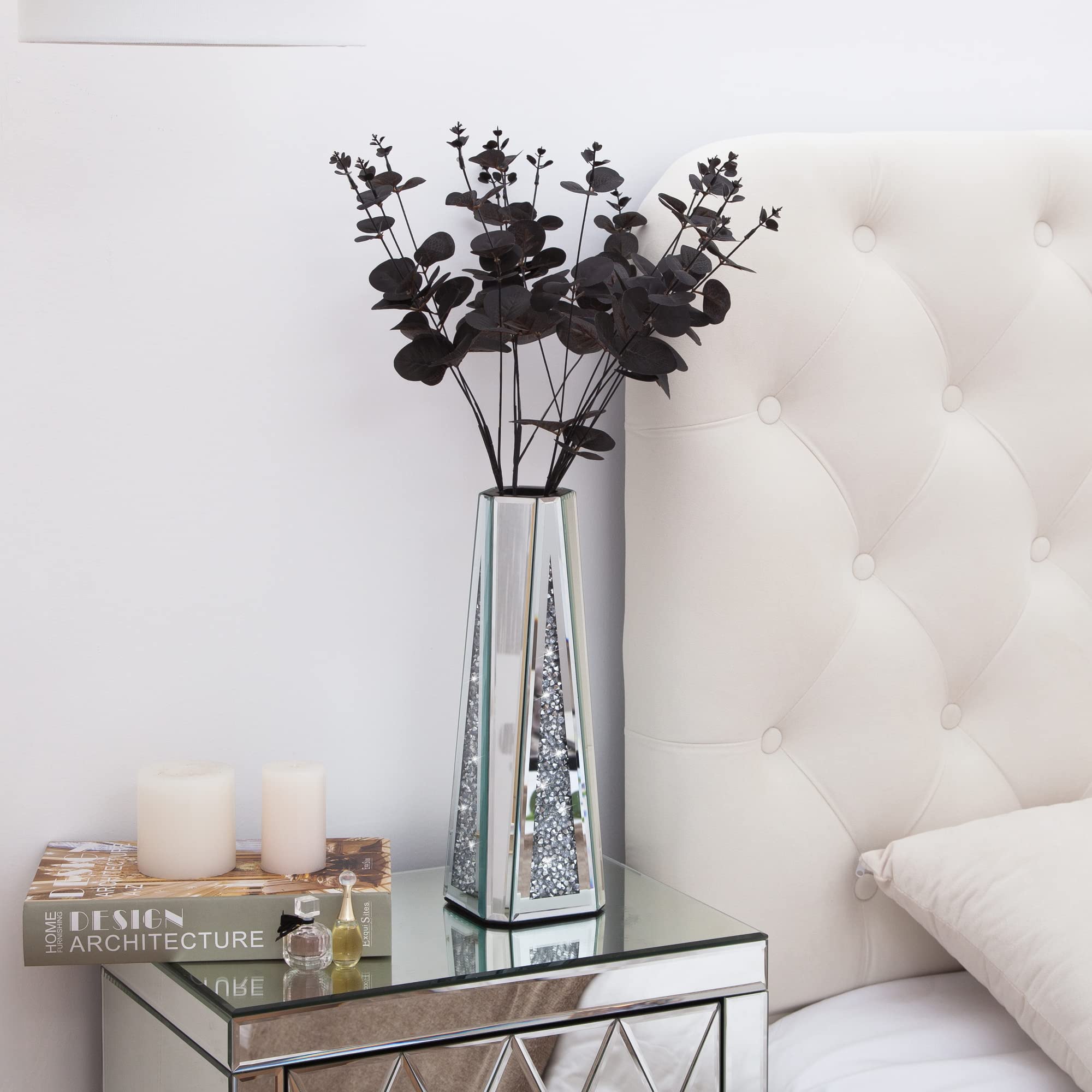 SHYFOY Jarrón grande para flores secas, 33 cm, decorativo de plata y cristal con cristales para el hogar, salón, mesa de comedor, boda