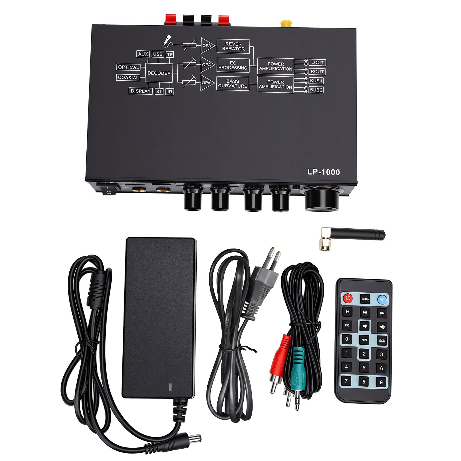 Luocute 2,1 Kanal Bluetooth Verstärker, Receiver mit Optischem und Koaxialem Eingang for Heimkino und HiFi (EU-Stecker) | Unterstützt TV, PC und DVD, 50W+50W+100W, Alu, USB/SD, 2 Mikrofonanschlüsse